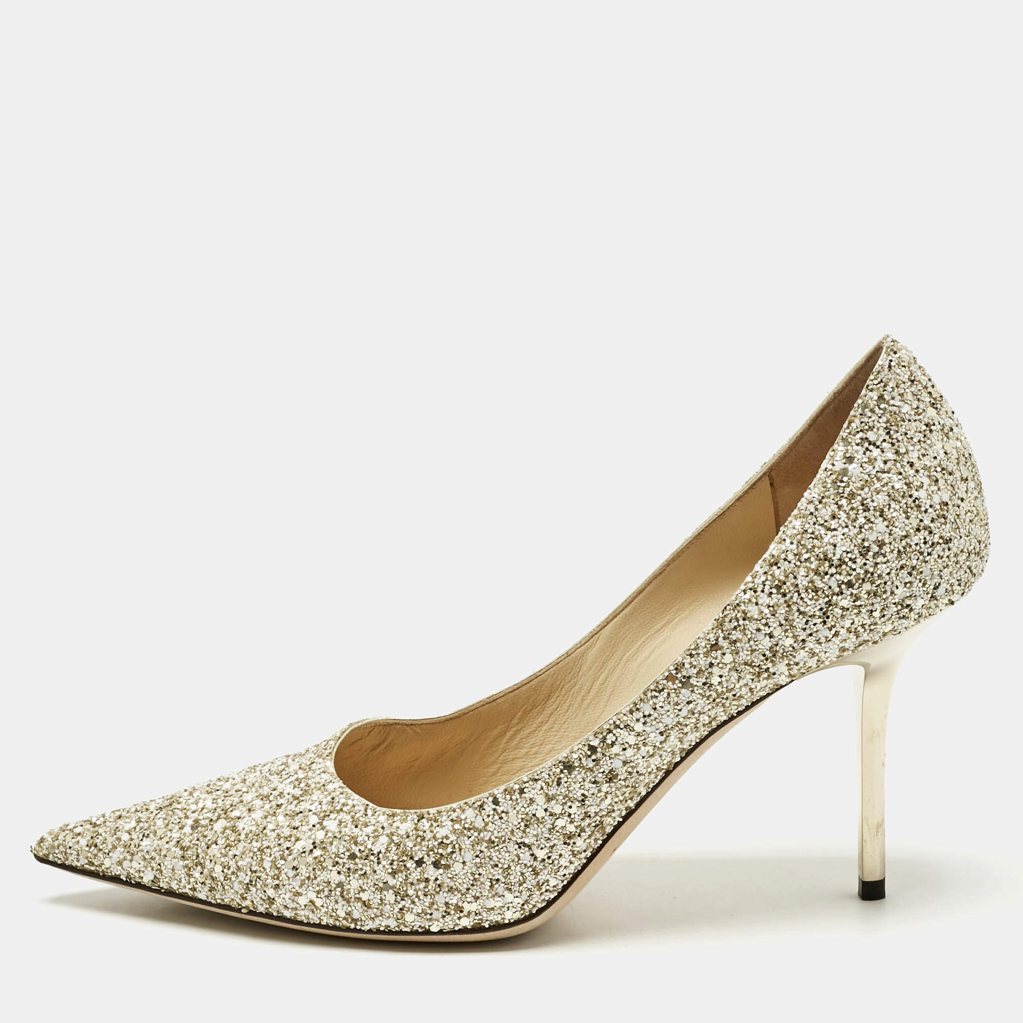 Pre Owned Jimmy Choo Gold/White Coarse Glitter Romy Pointed Toe Pumps Size 40