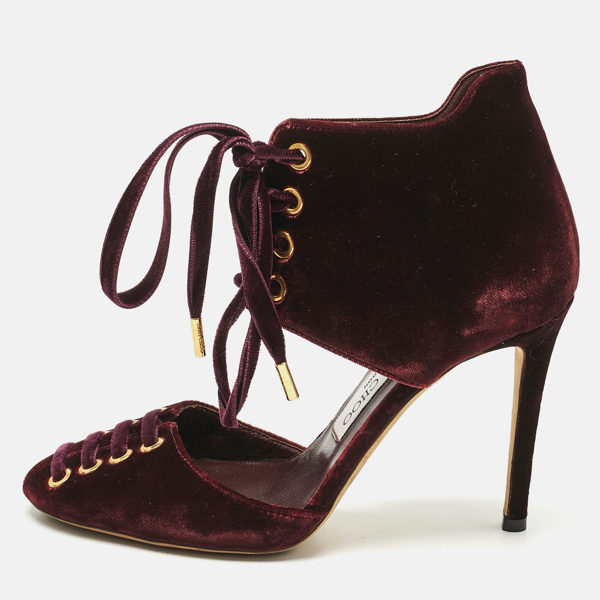 Pre Owned Jimmy Choo Burgundy Velvet Mari Lace Up Pumps Size 36