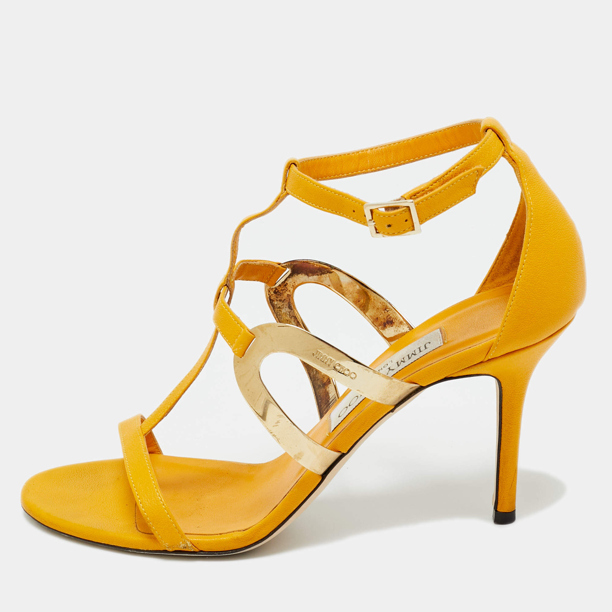 Pre Owned Jimmy Choo Yellow Leather T Strap Sandals Size 38.5
