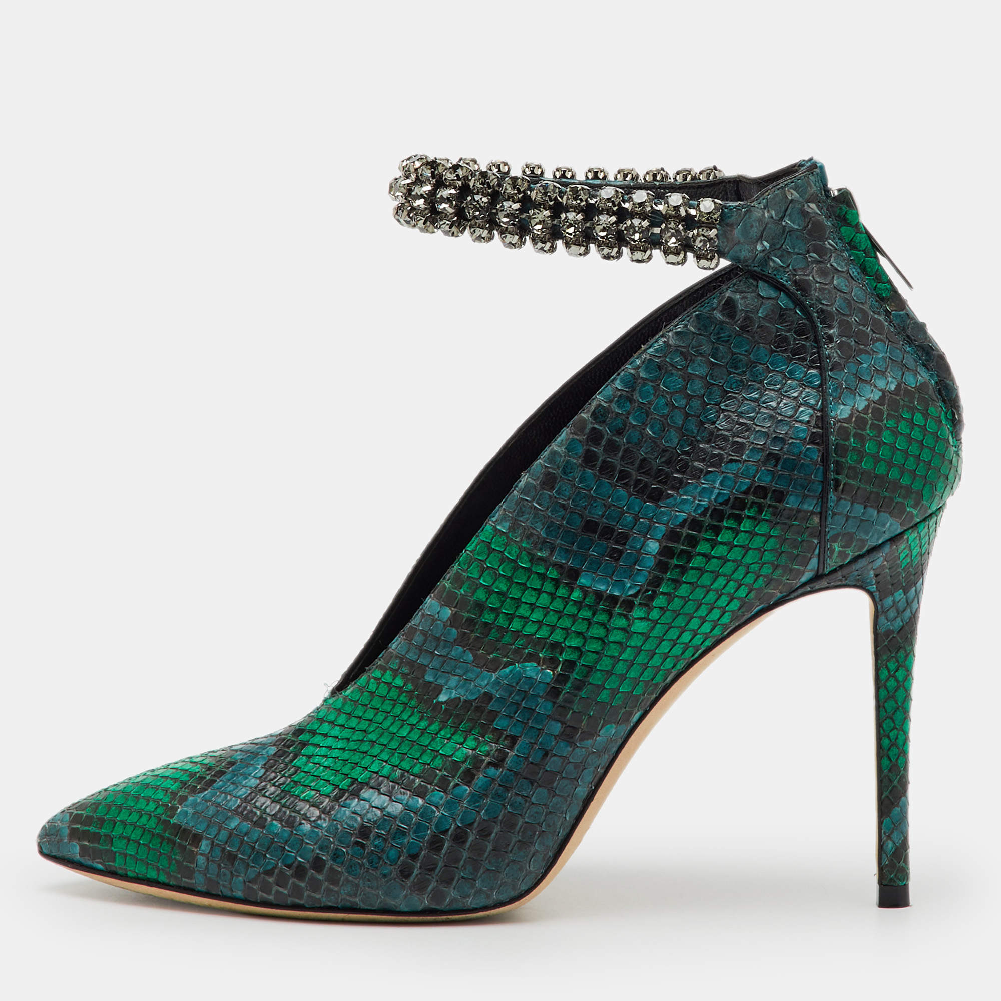 Pre Owned Jimmy Choo Green/Blue Snakeskin Vamp Crystal Embellished Ankle Strap Pumps Size 38