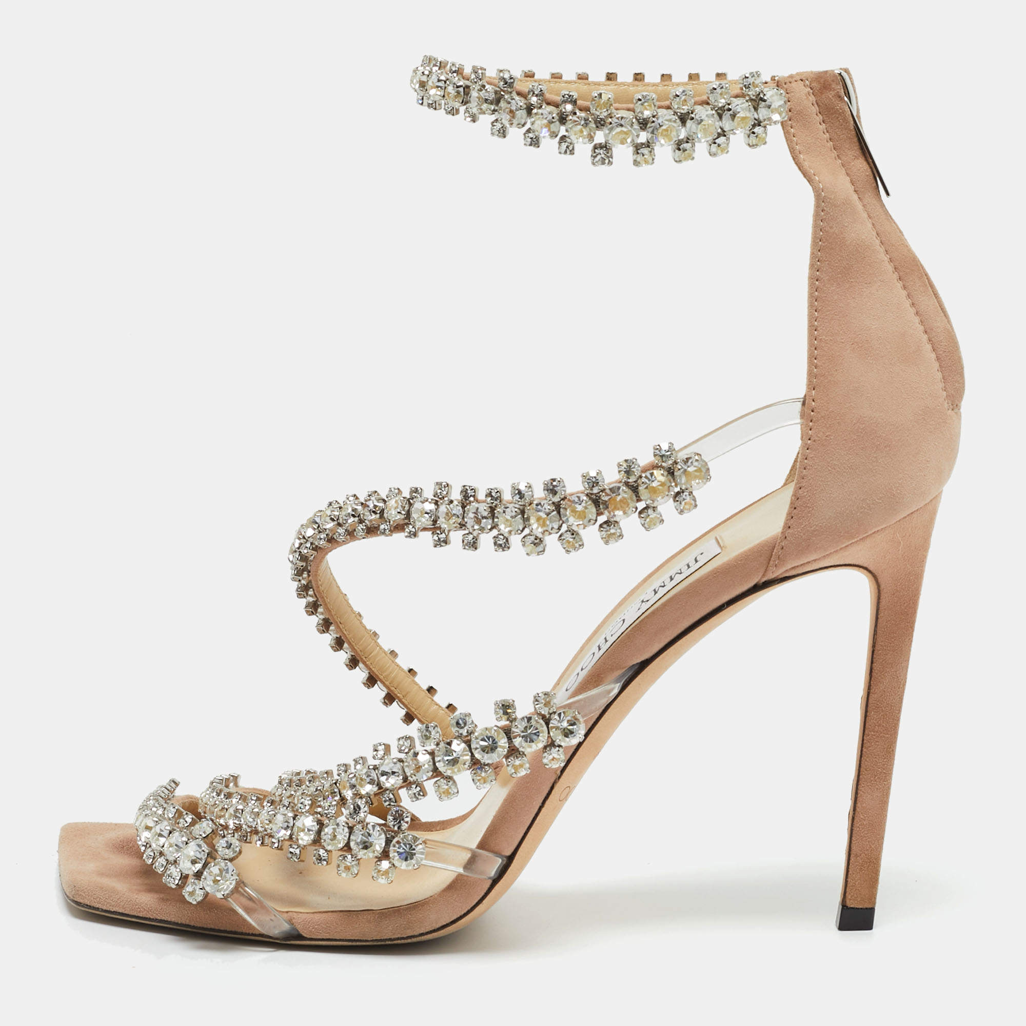 Pre Owned Jimmy Choo Beige PVC and Suede josefine 100 Crystals Embellished Sandals Size 40