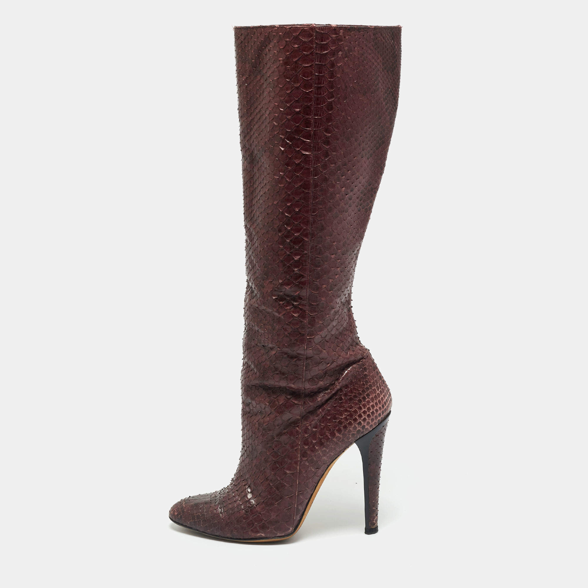 Pre Owned Jimmy Choo Burgundy Python Leather Knee High Boots Size 39