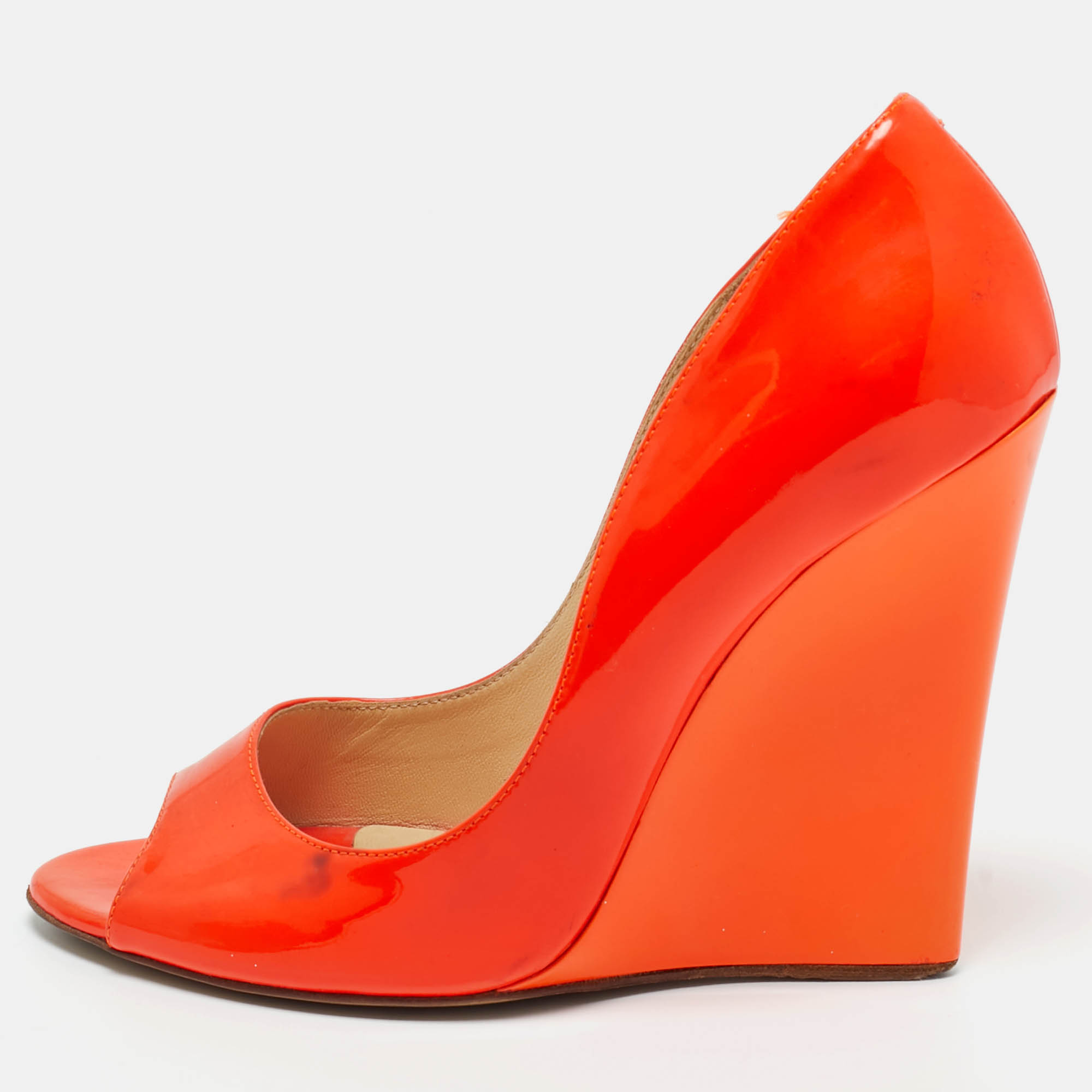Pre Owned Jimmy Choo Orange Patent Leather Wedge Peep Toe Pumps Size 37
