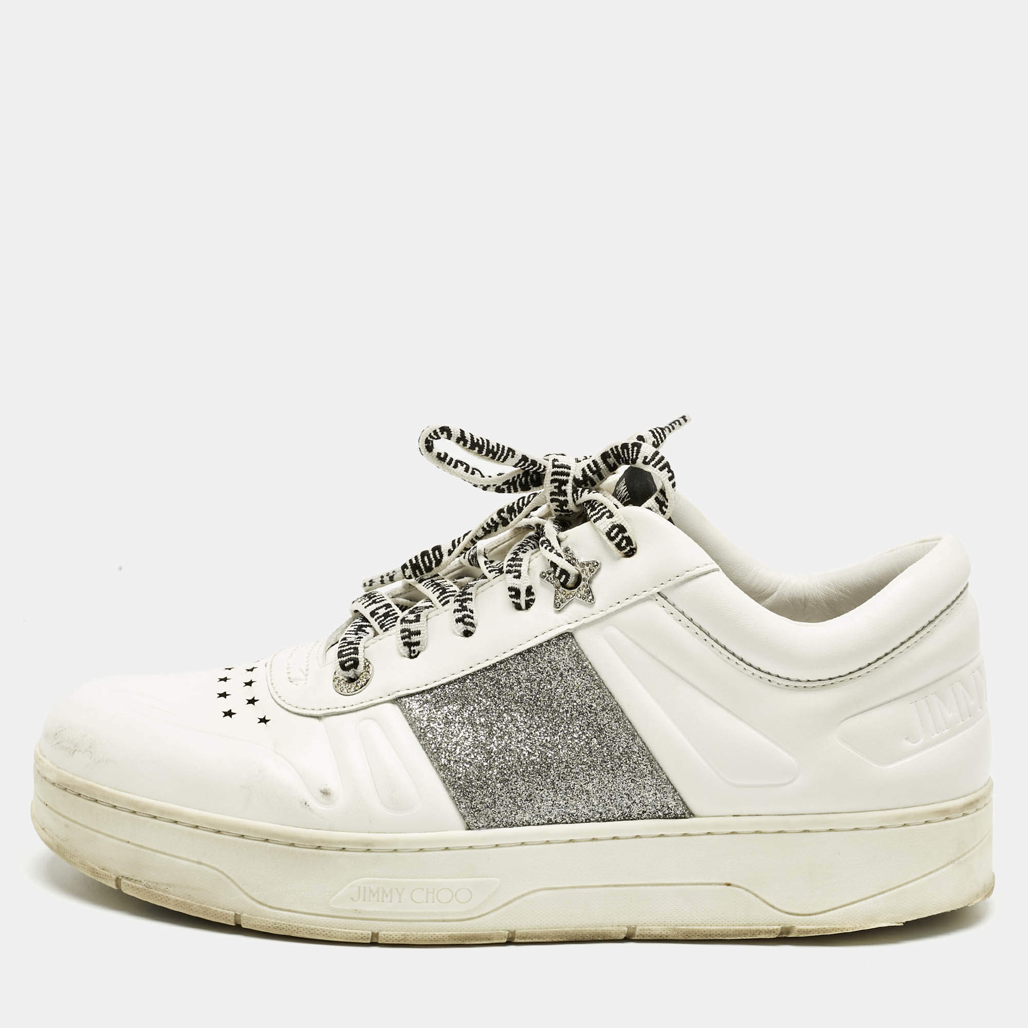 Pre Owned Jimmy Choo White/Silver Leather Studded Hawaii/F Low Top Sneakers Size 40