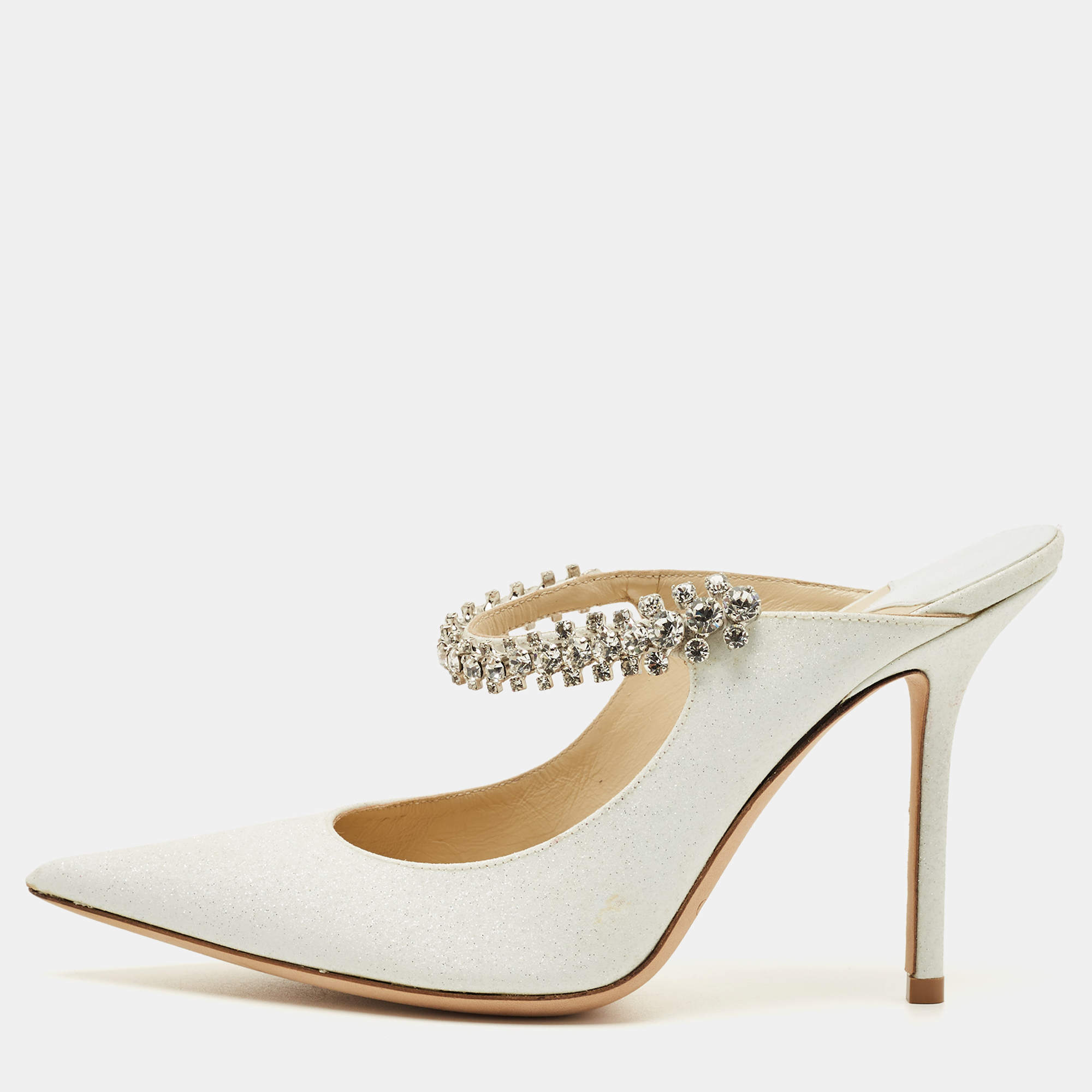 Pre Owned Jimmy Choo White Glitter Bing Crystal Embellished Pointed Toe Mule Size 37.5
