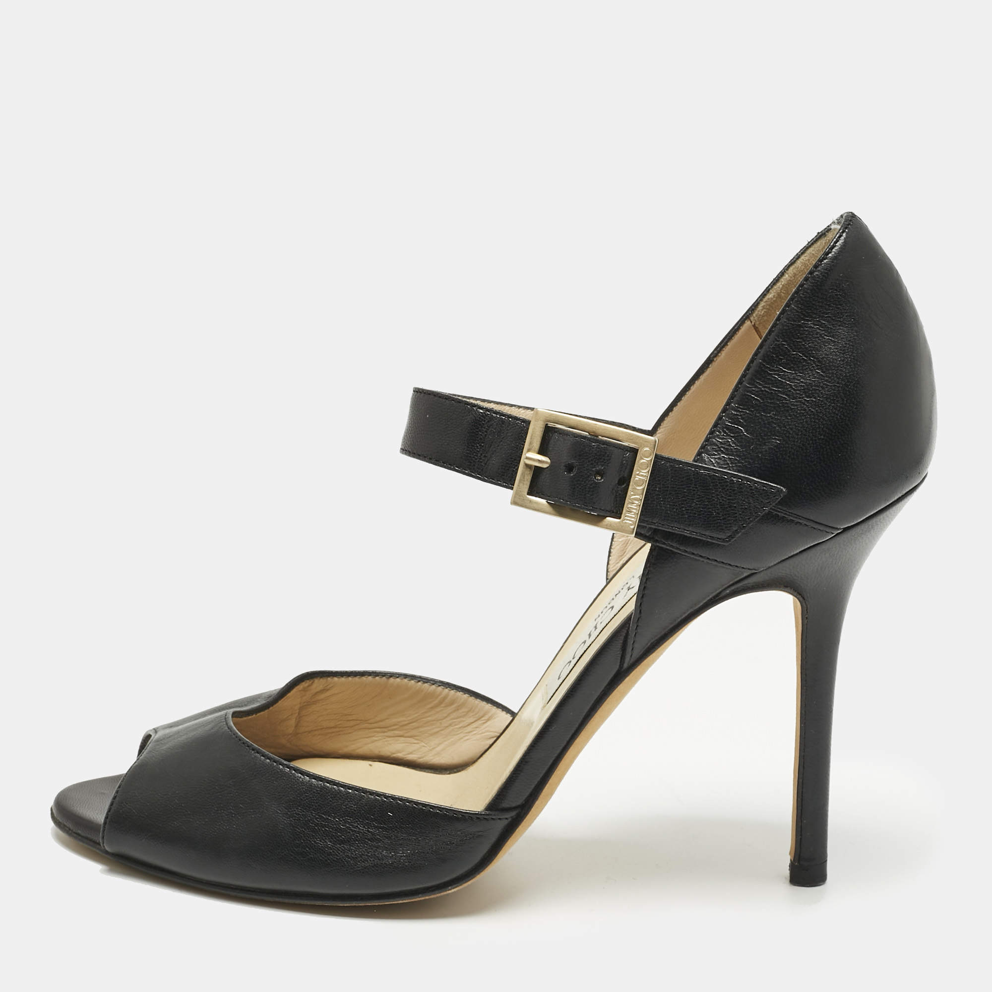 Pre Owned Jimmy Choo Black Leather Peep Toe Ankle Strap Sandals Size 37