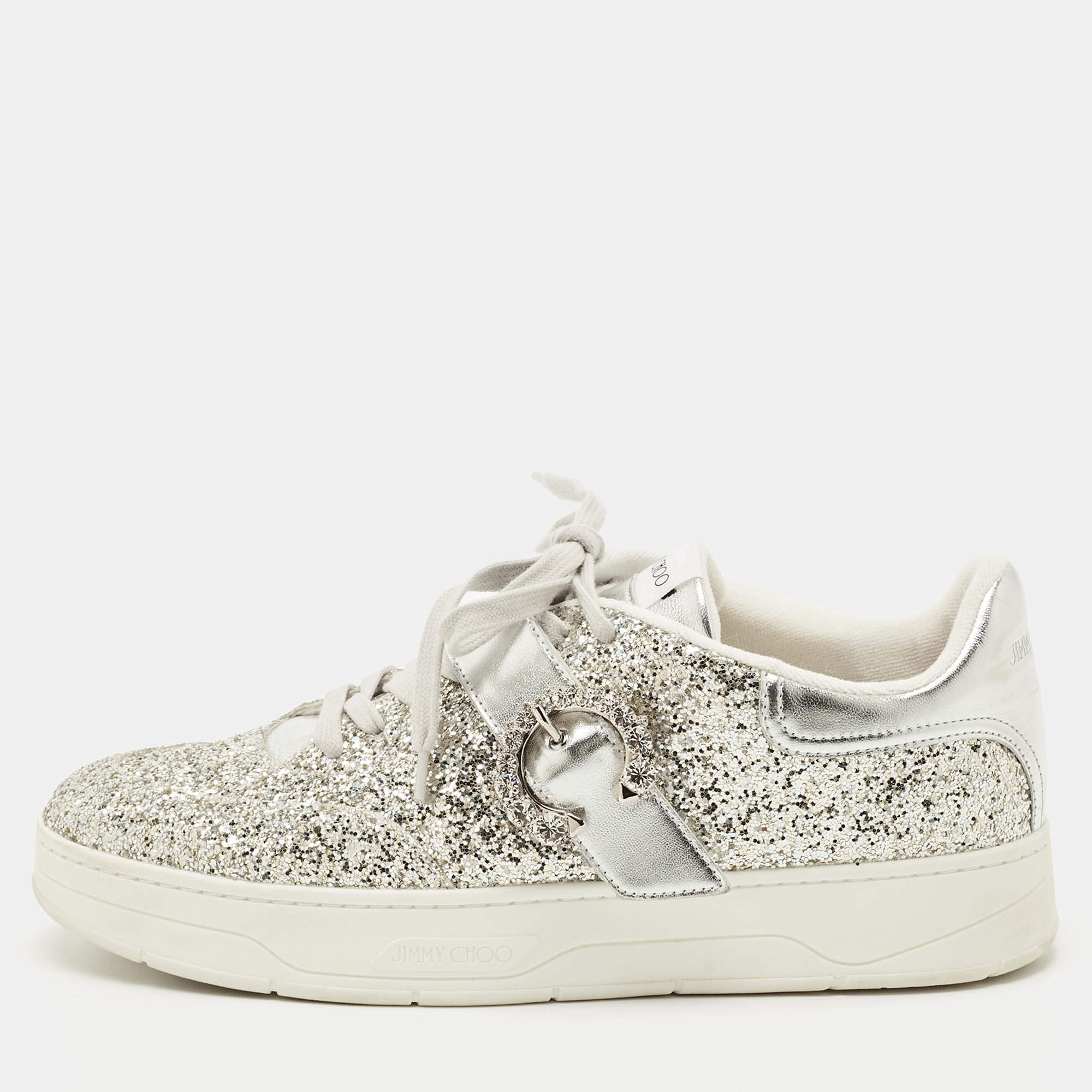 Pre Owned Jimmy Choo Silver Glitter and Leather Osaka Sneakers Size 41 