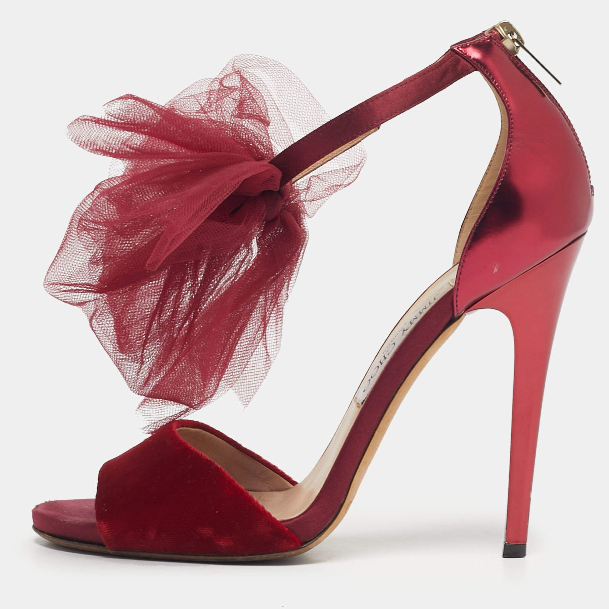 Pre Owned Jimmy Choo Metallic Velvet and Leather Ankle Strap Sandals Size 39