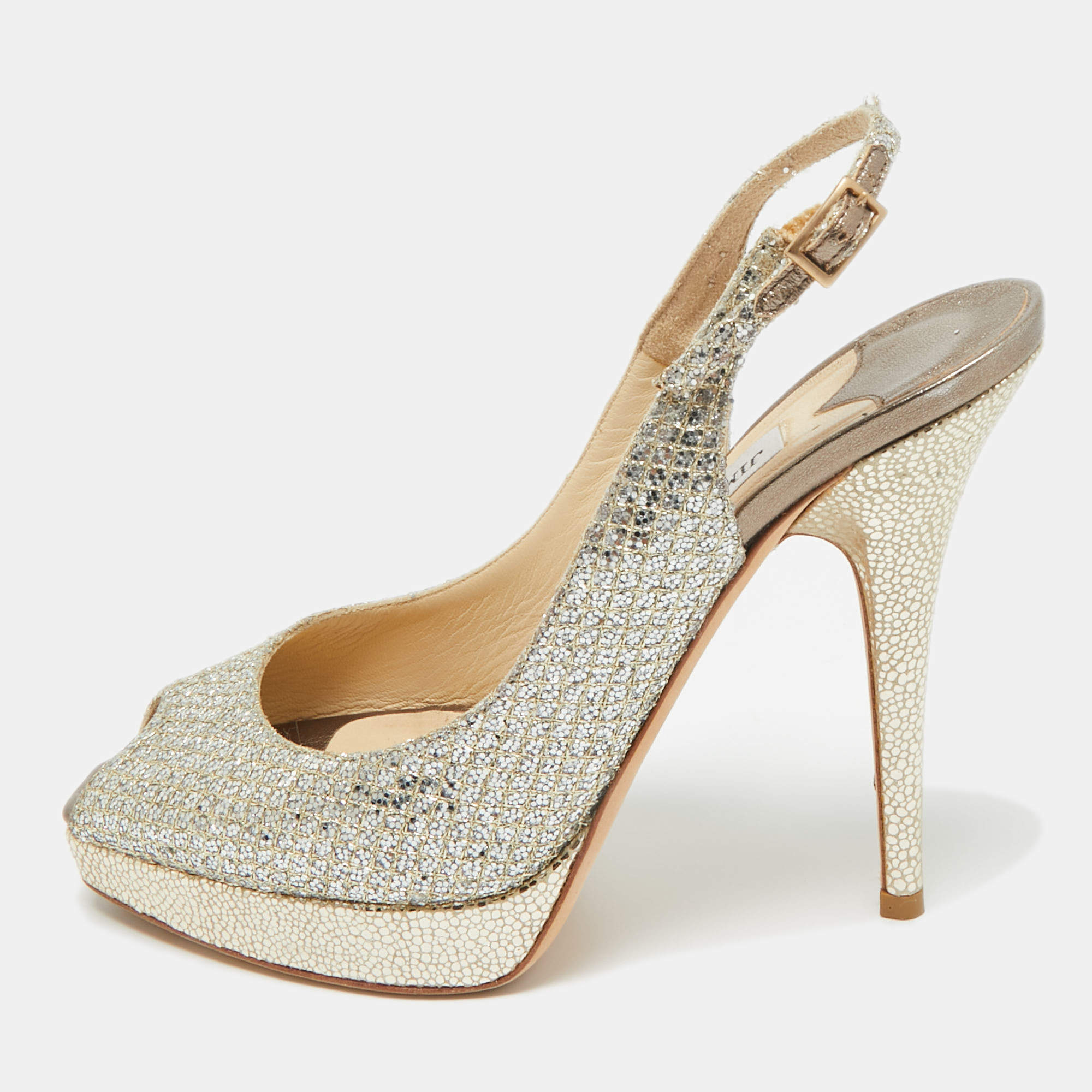 Pre Owned Jimmy Choo Gold Glitter Accents Peep Toe Slingback Pumps Size 36