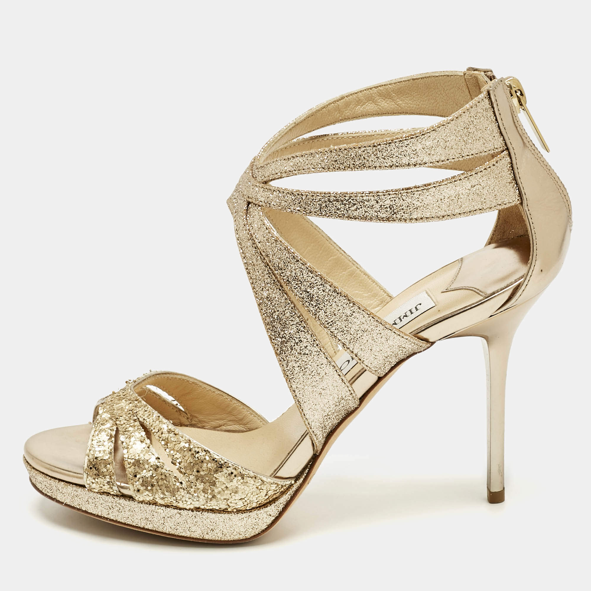 Pre Owned Jimmy Choo Gold Glitter and Leather Strappy Sandals Size 35.5