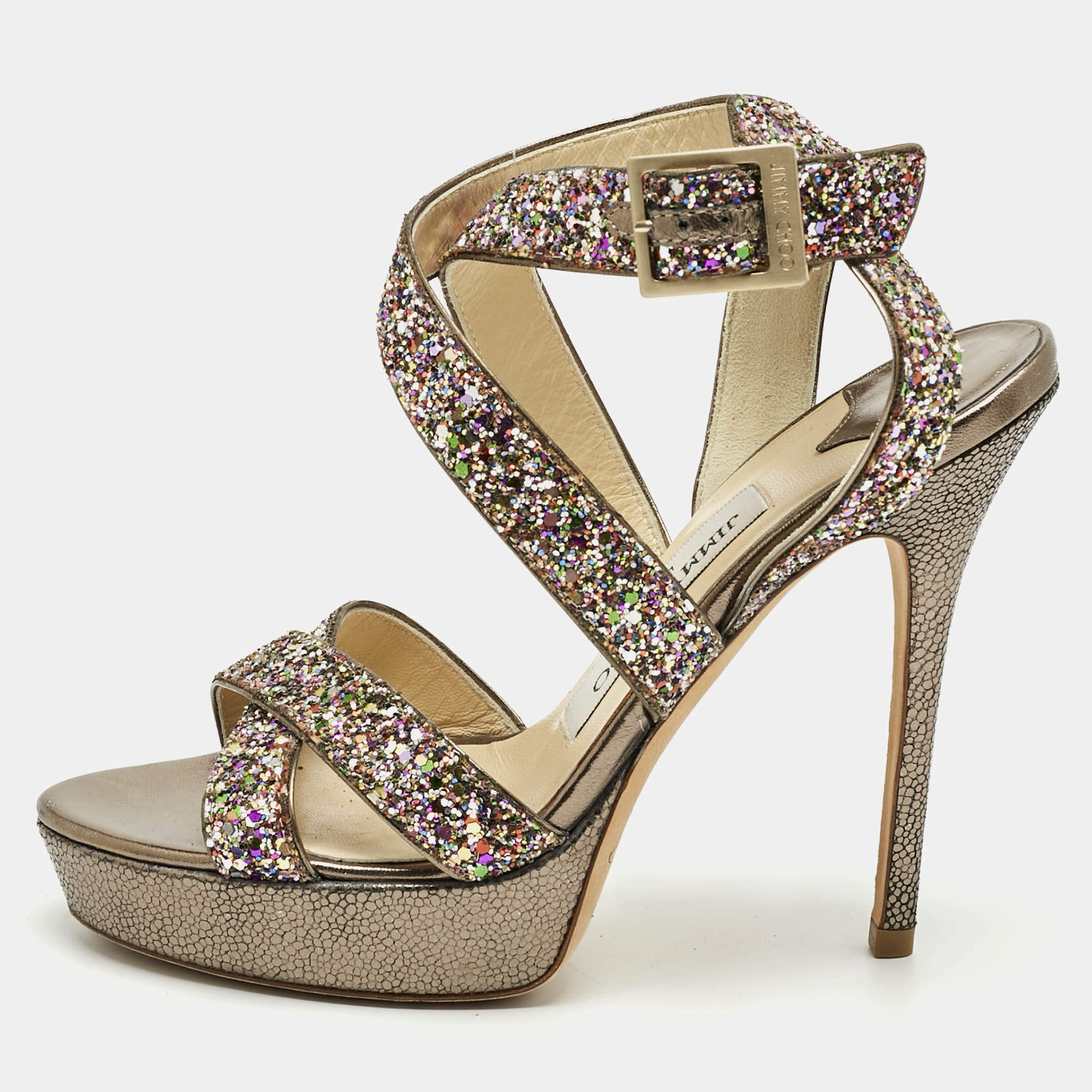 Pre Owned Jimmy Choo Multicolor Glitter and Leather Platform Ankle Strap Sandals Size 36