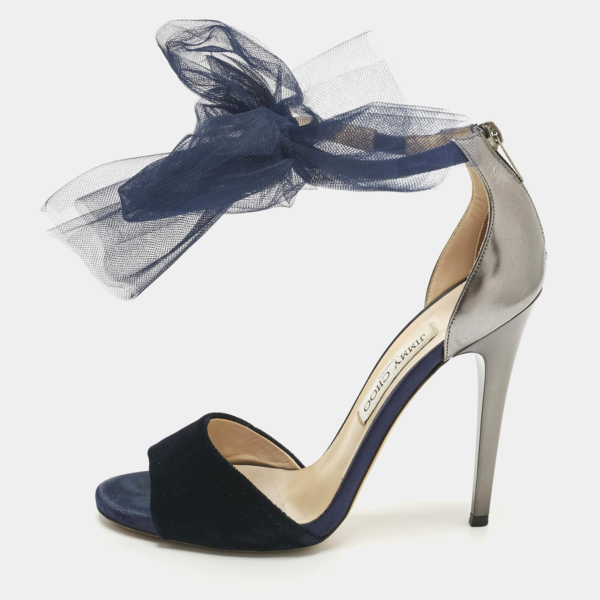 Pre Owned Jimmy Choo Blue/Grey Velvet And Leather Bow Lilyth Ankle Strap Sandals Size 39.5