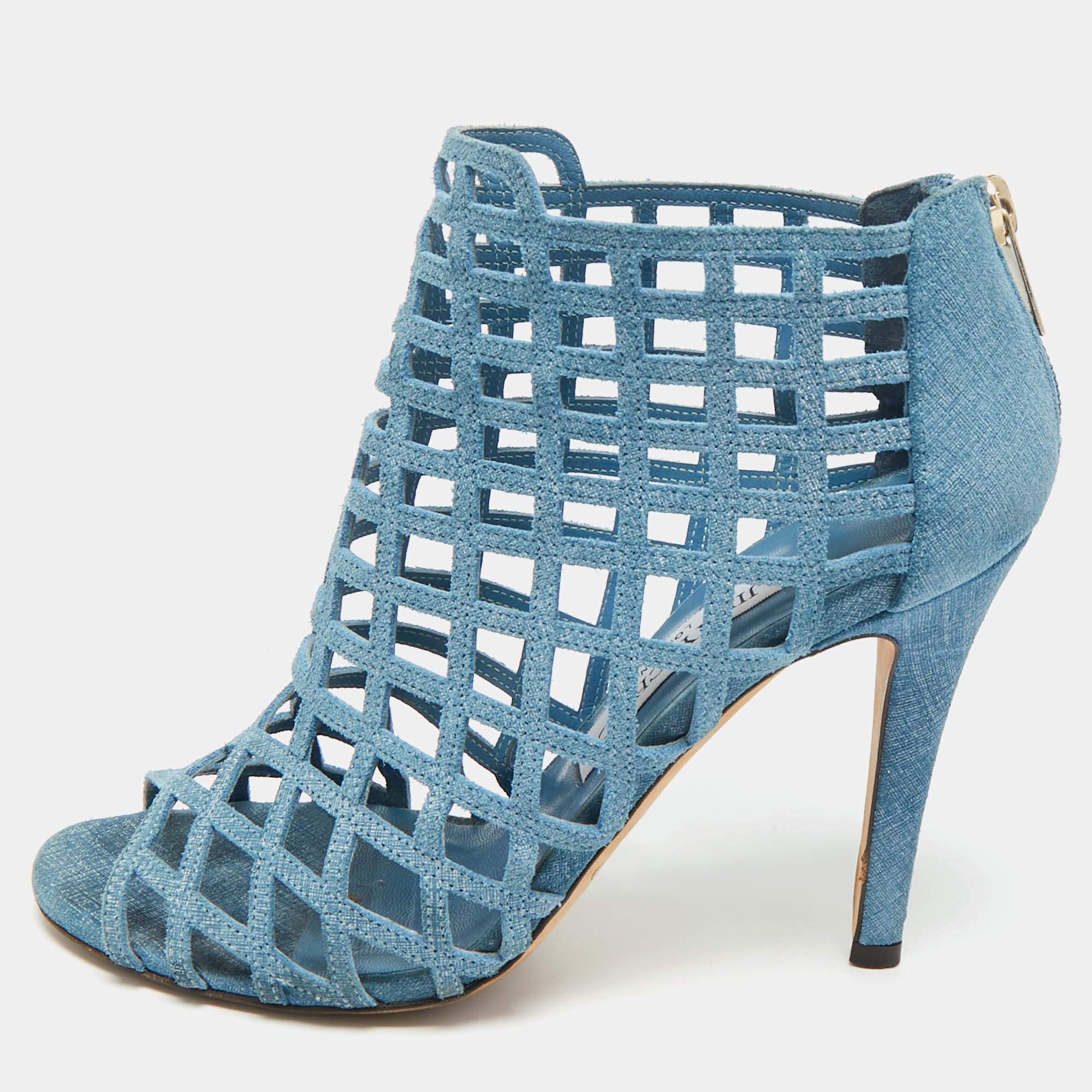 Pre Owned Jimmy Choo Blue Denim Dassa Peep Toe Cage Ankle Boots Size 37