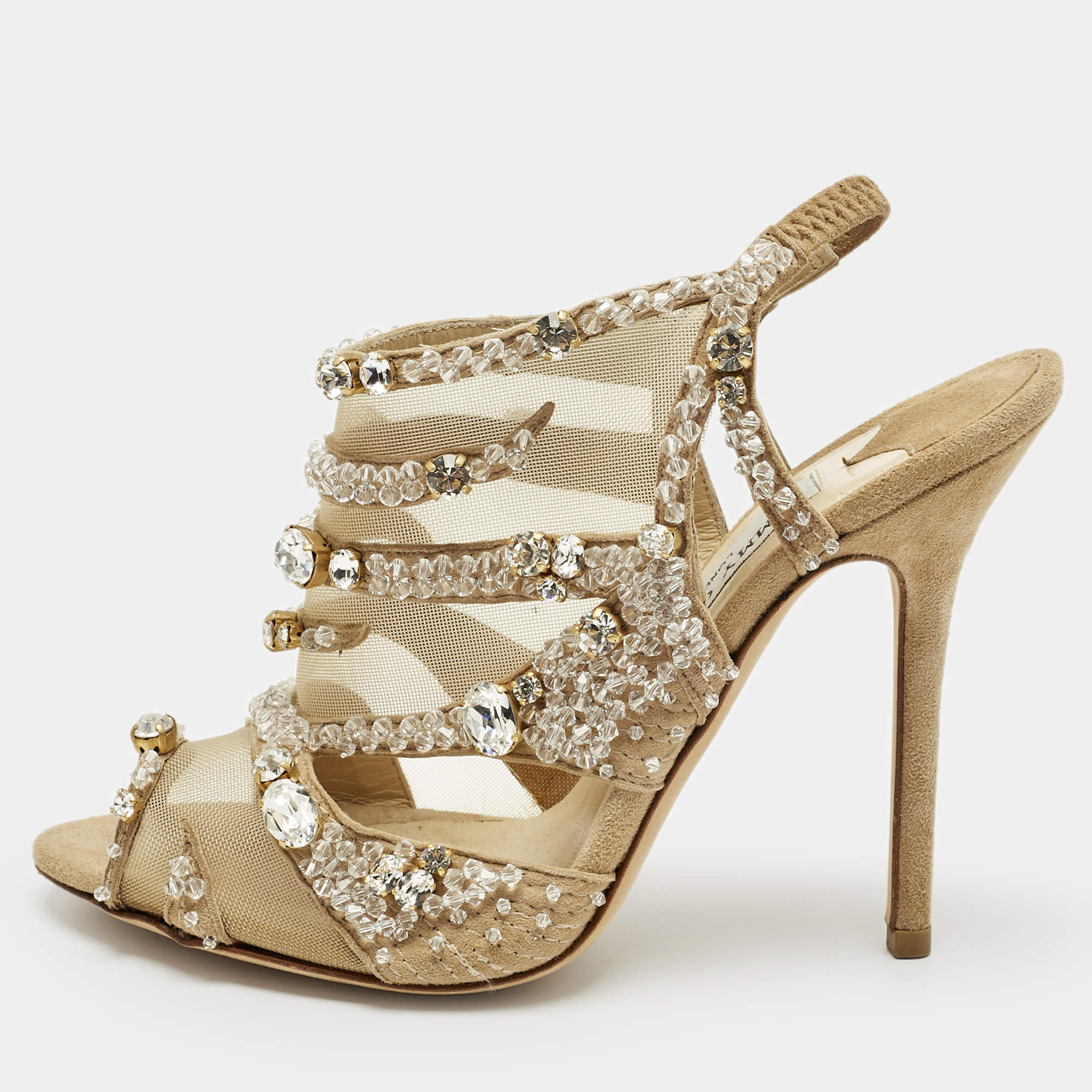Pre Owned Jimmy Choo Beige Mesh and Suede Crystal Embellished Slingback Sandals Size 37