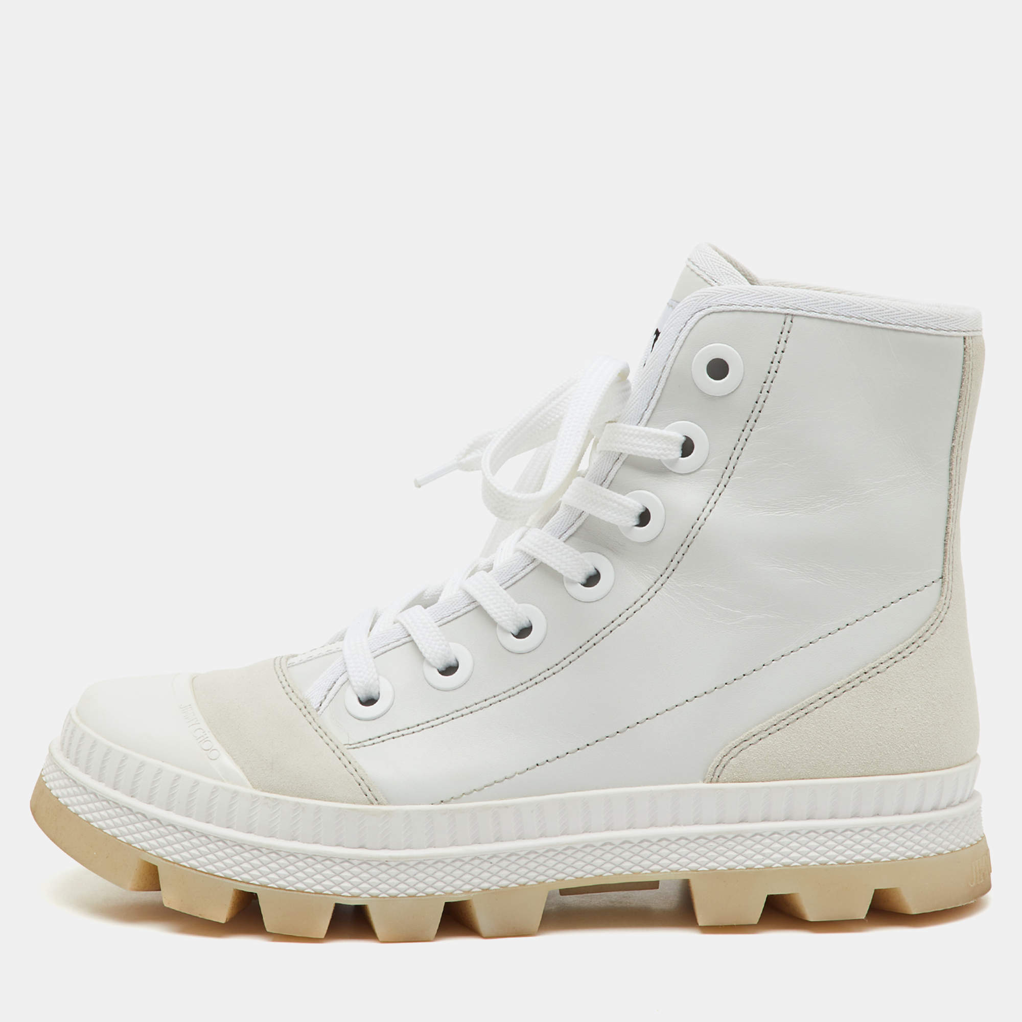 Pre Owned Jimmy Choo White Leather and Suede High Top Sneakers Size 38.5