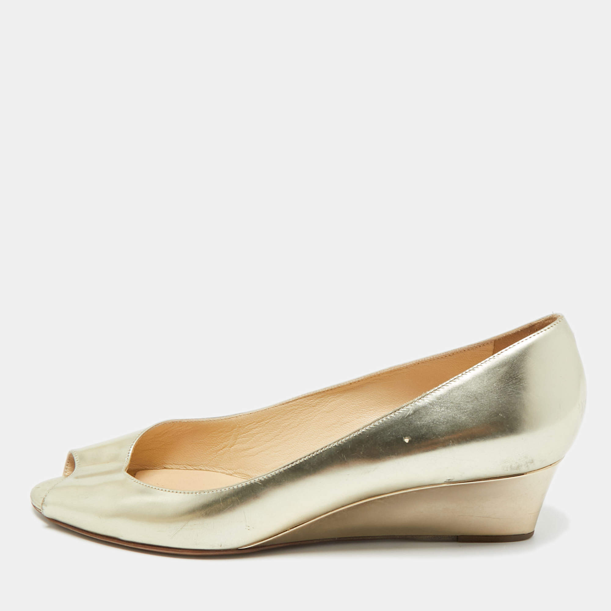 Pre Owned Jimmy Choo Metallic Gold Leather Baxen Wedge Peep Toe Pumps 39