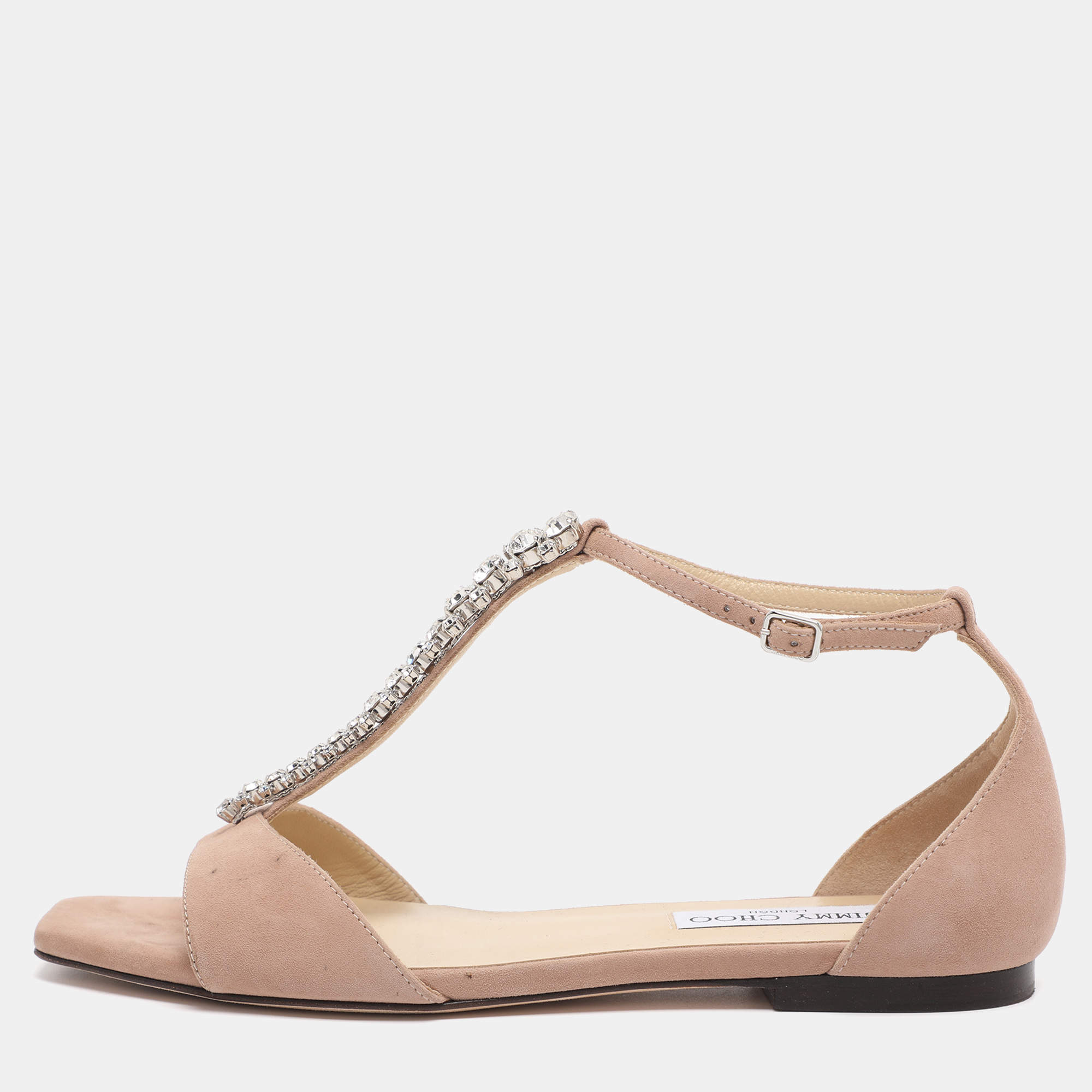 Pre Owned Jimmy Choo Beige Suede Bella Ankle Strap Flats Size 38.5