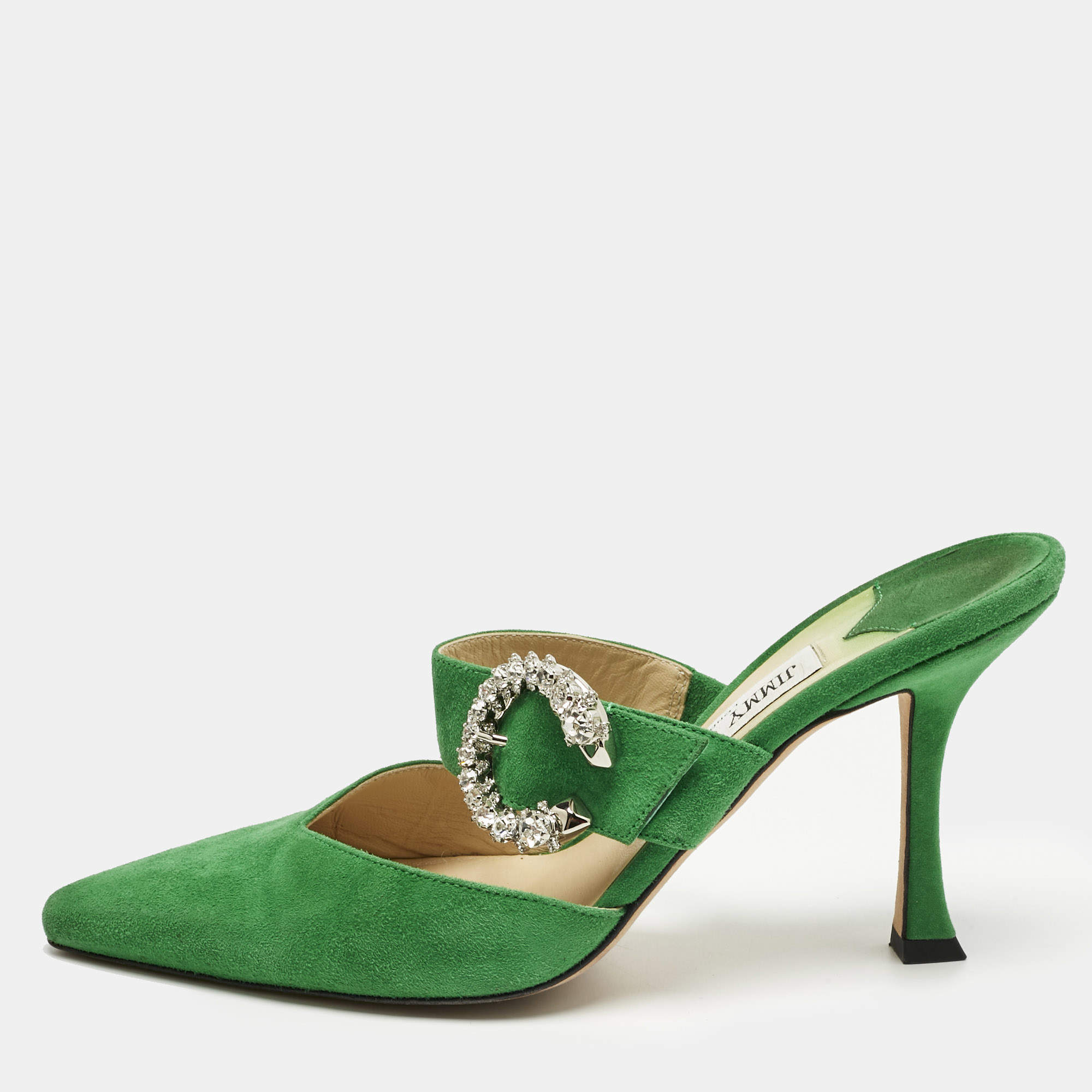 Pre Owned Jimmy Choo Green Suede Crystal Embellished Marta Mules Size 38