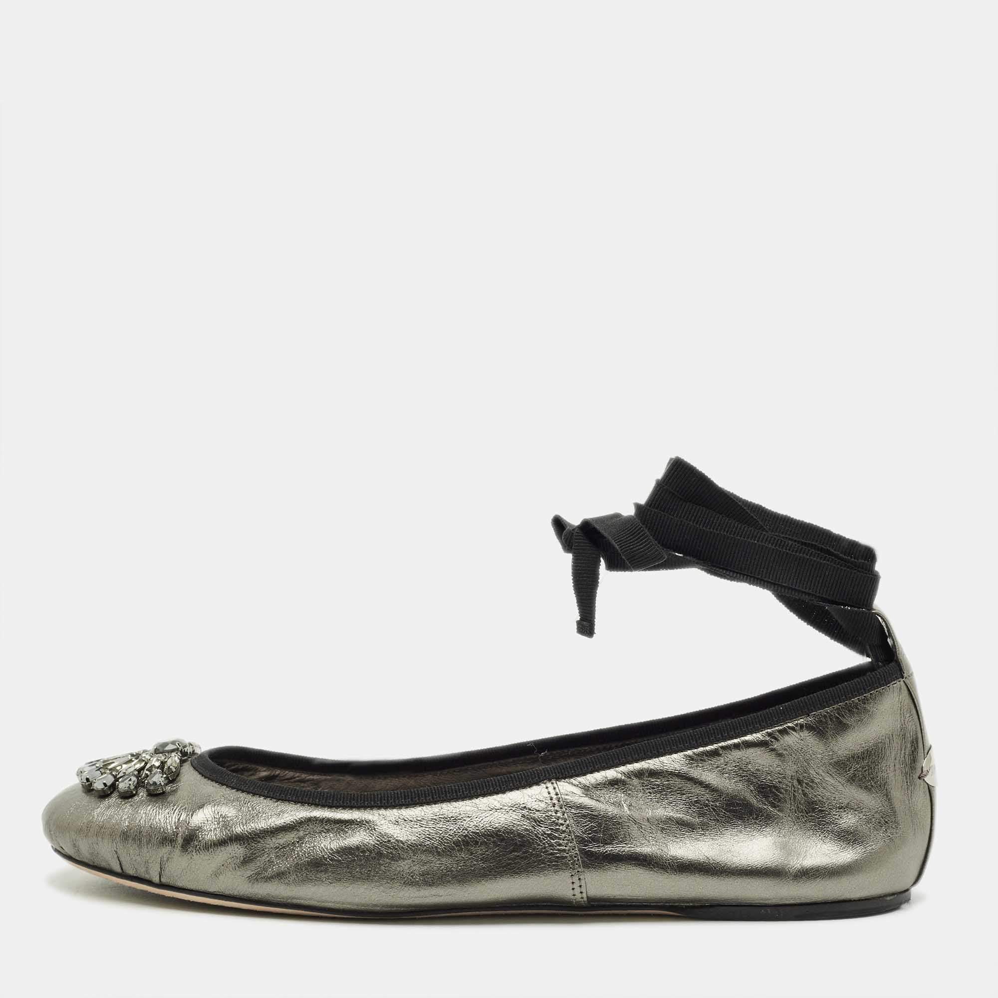 Pre Owned Jimmy Choo Metallic Leather Crystal Embellished Grace Ballet Flats Size 41
