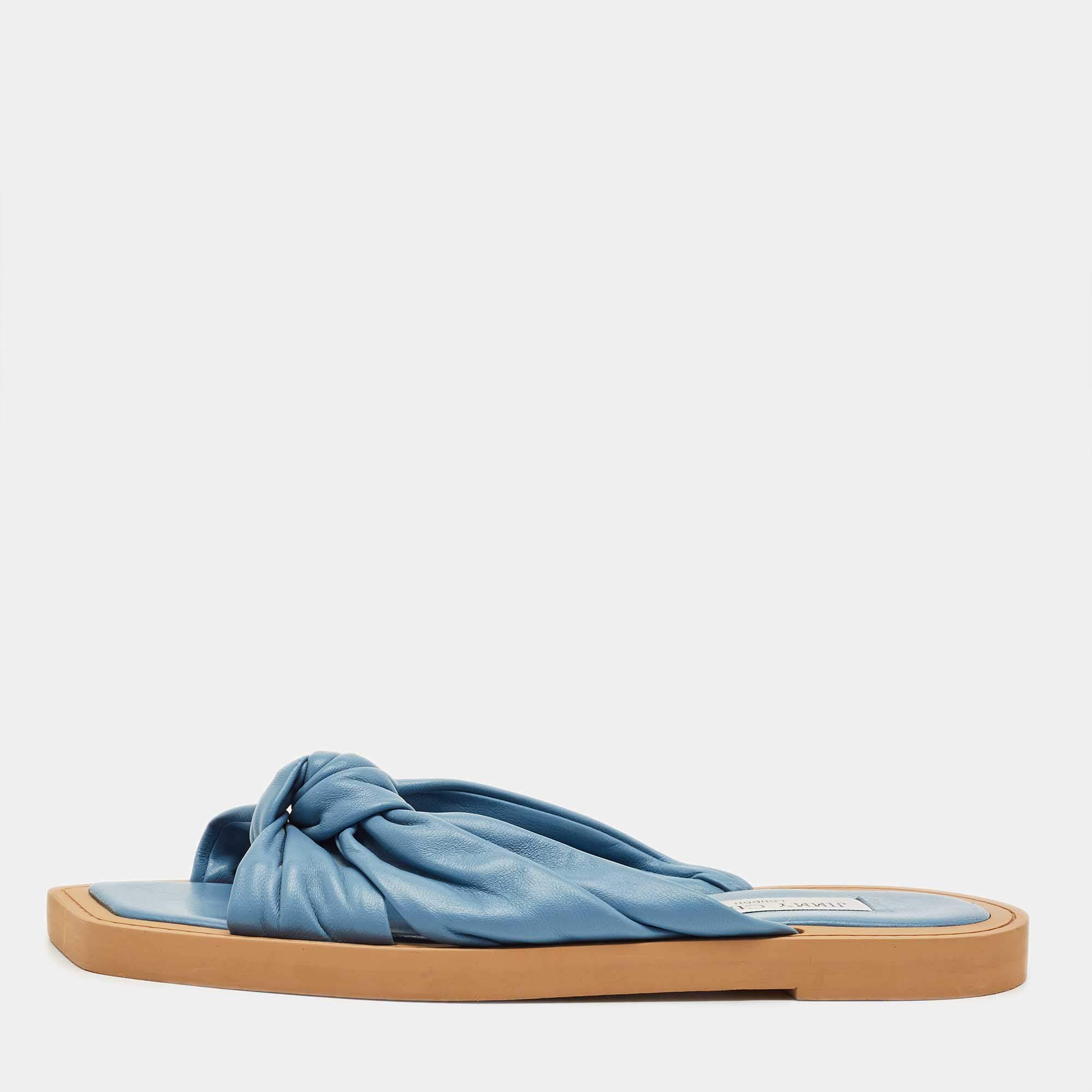 Pre Owned Jimmy Choo Blue Leather Bow Flat Slides Size 41