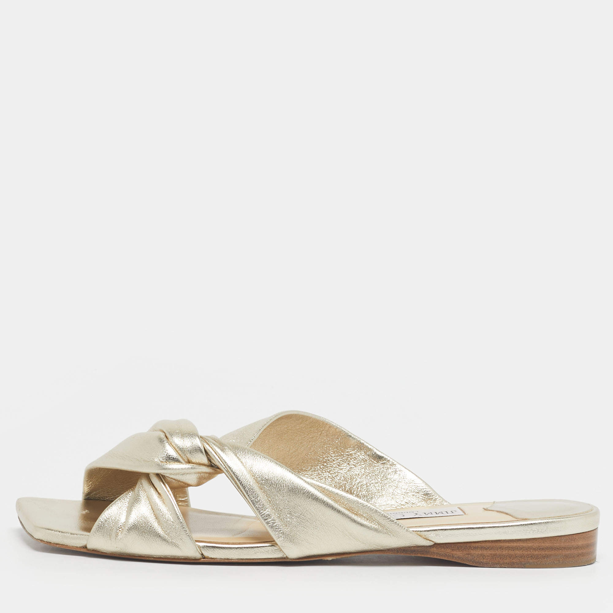 Pre Owned Jimmy Choo Gold Leather knot Flat Slide Size 41