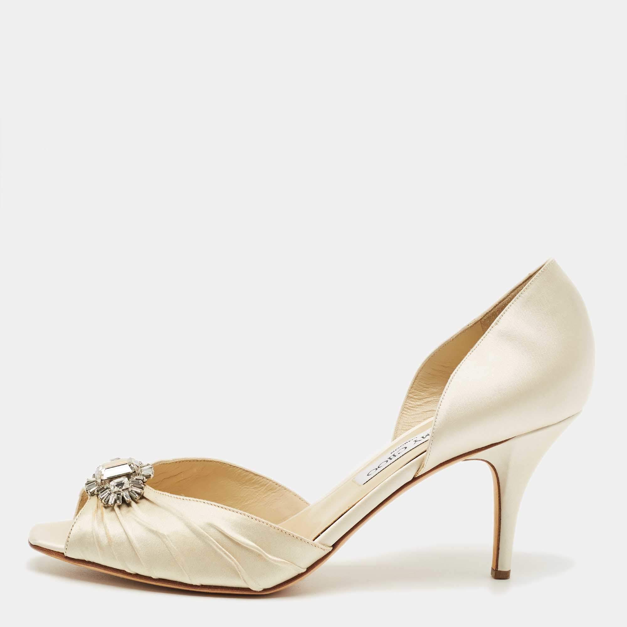 Pre Owned Jimmy Choo Cream Satin Embellished Peep Toe D’orsay Pumps Size 40.5