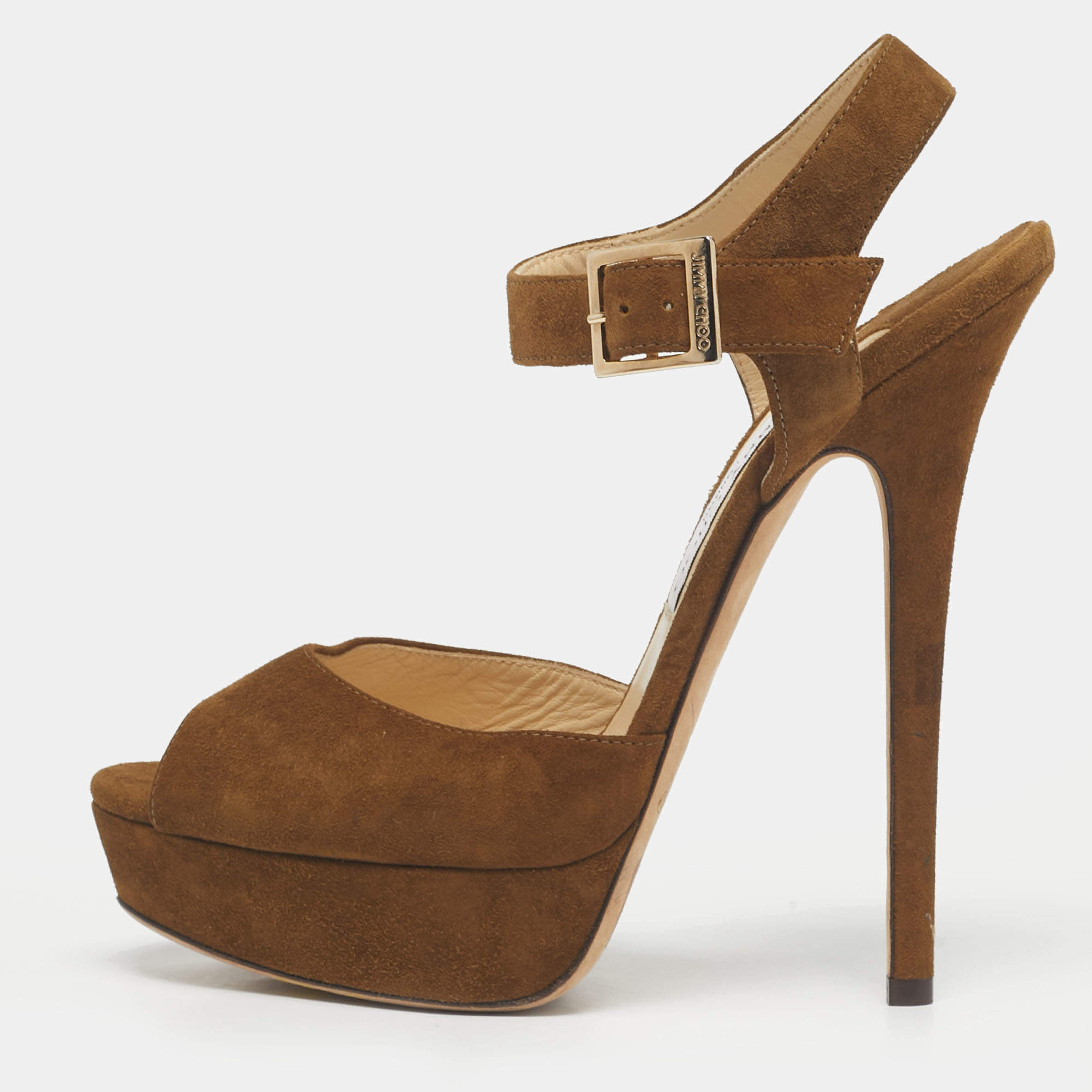 Pre Owned Jimmy Choo Brown Suede Kayden Ankle Strap Sandals Size 39.5