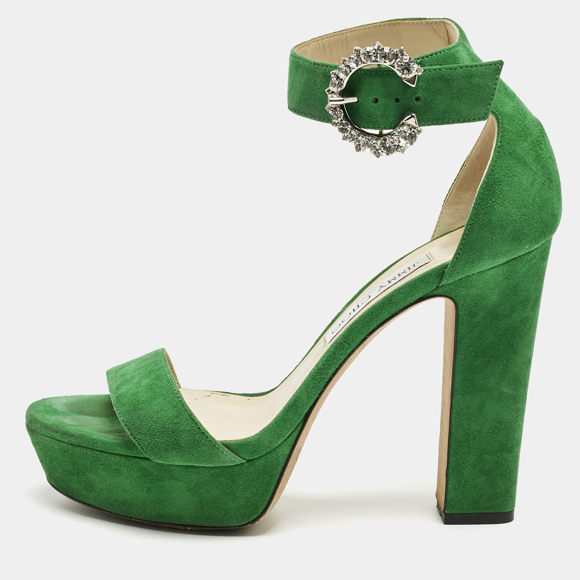 Pre Owned Jimmy Choo Green Suede Crystal Embellished Ankle Strap Sandals Size 39