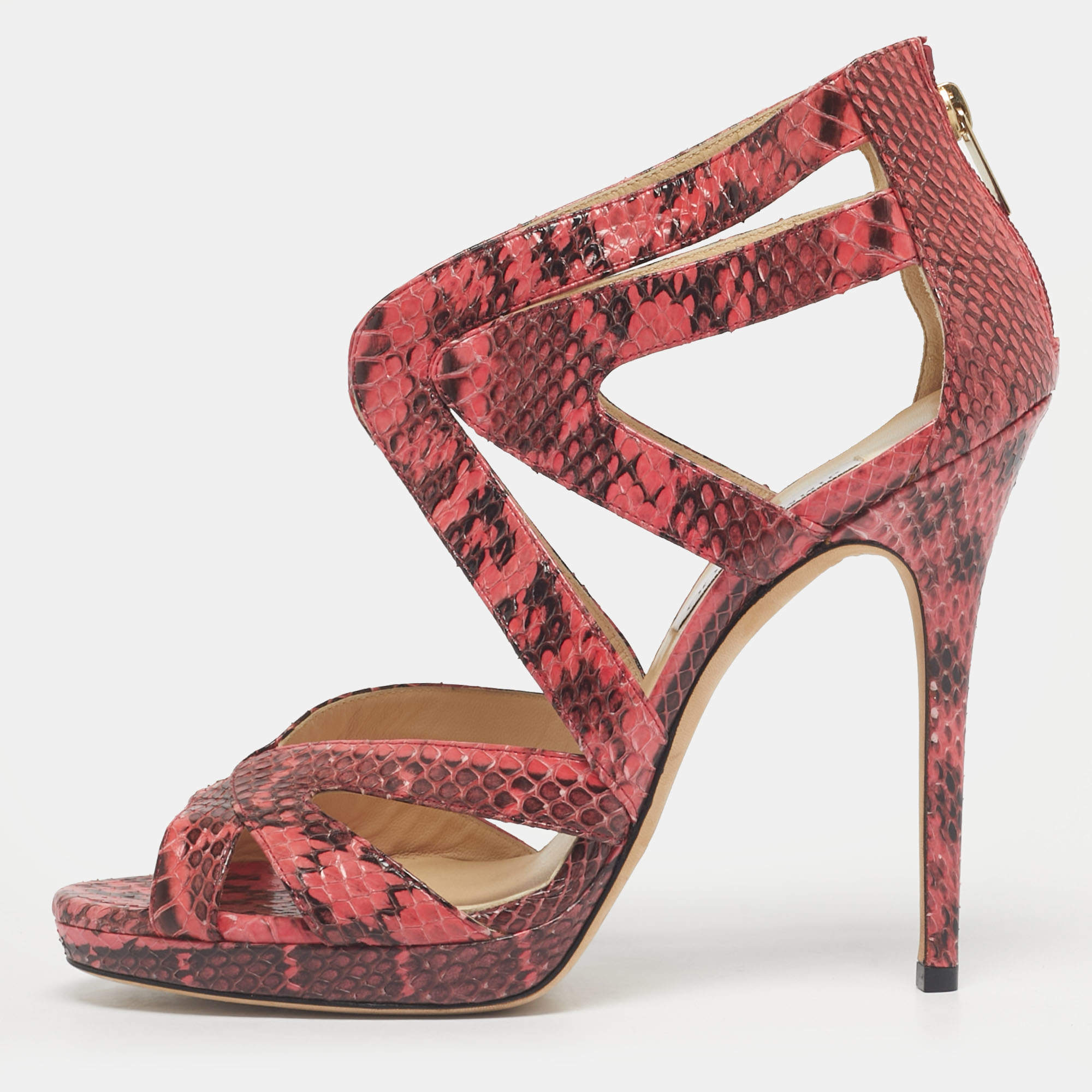 Pre Owned صندل جيمي تشو كولار جلد ثعبان وردي نعل سميك مقاس 36