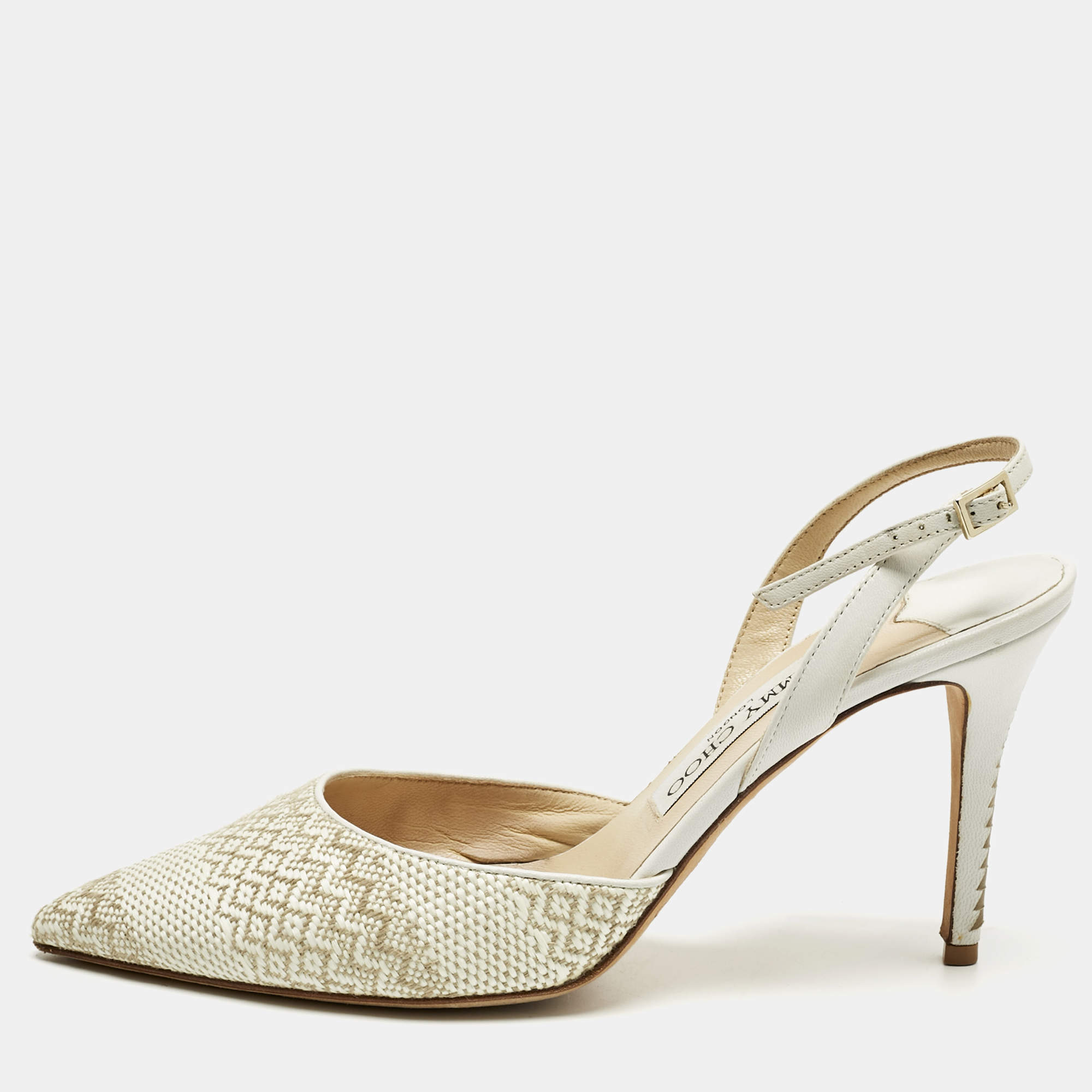 Pre Owned Jimmy Choo White/Cream Woven Tilly Pointed Toe Slingback Pumps Size 39