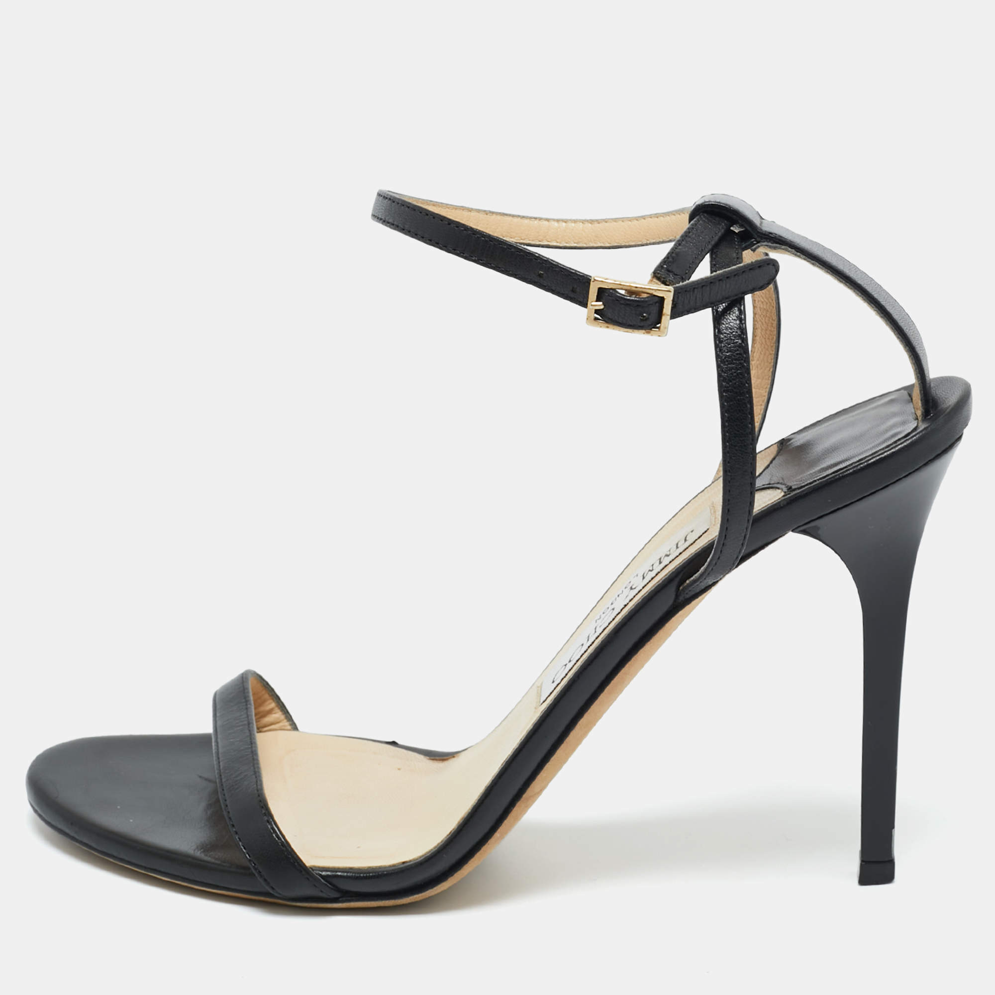 مملوكة مسبقًا صندل جيمي تشو ميني حزام للكاحل جلد أسود مقاس 39.5