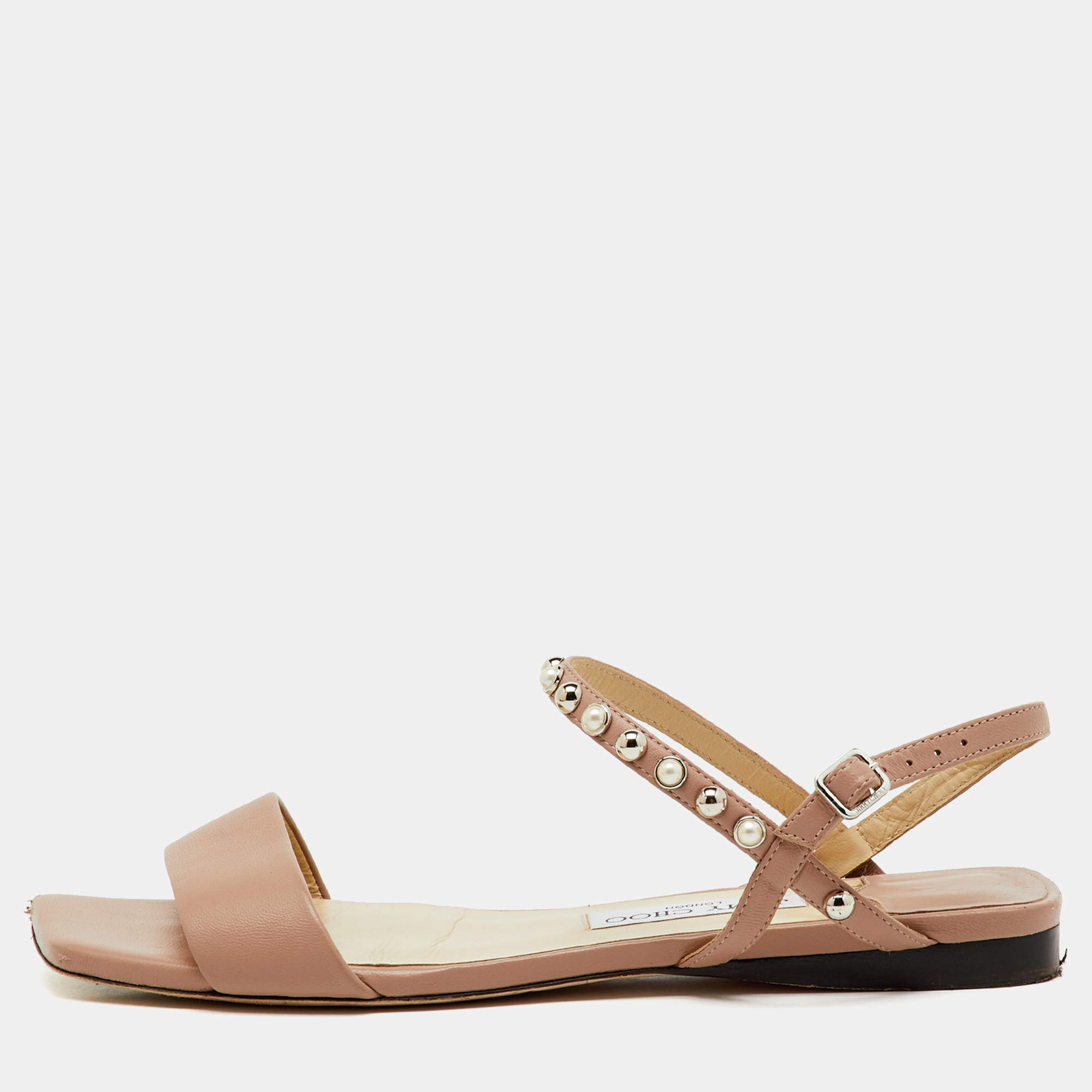 Pre Owned صندل فلات بجيمس من الجلد البيج بحزام للكاحل من جيمي تشو مقاس 40