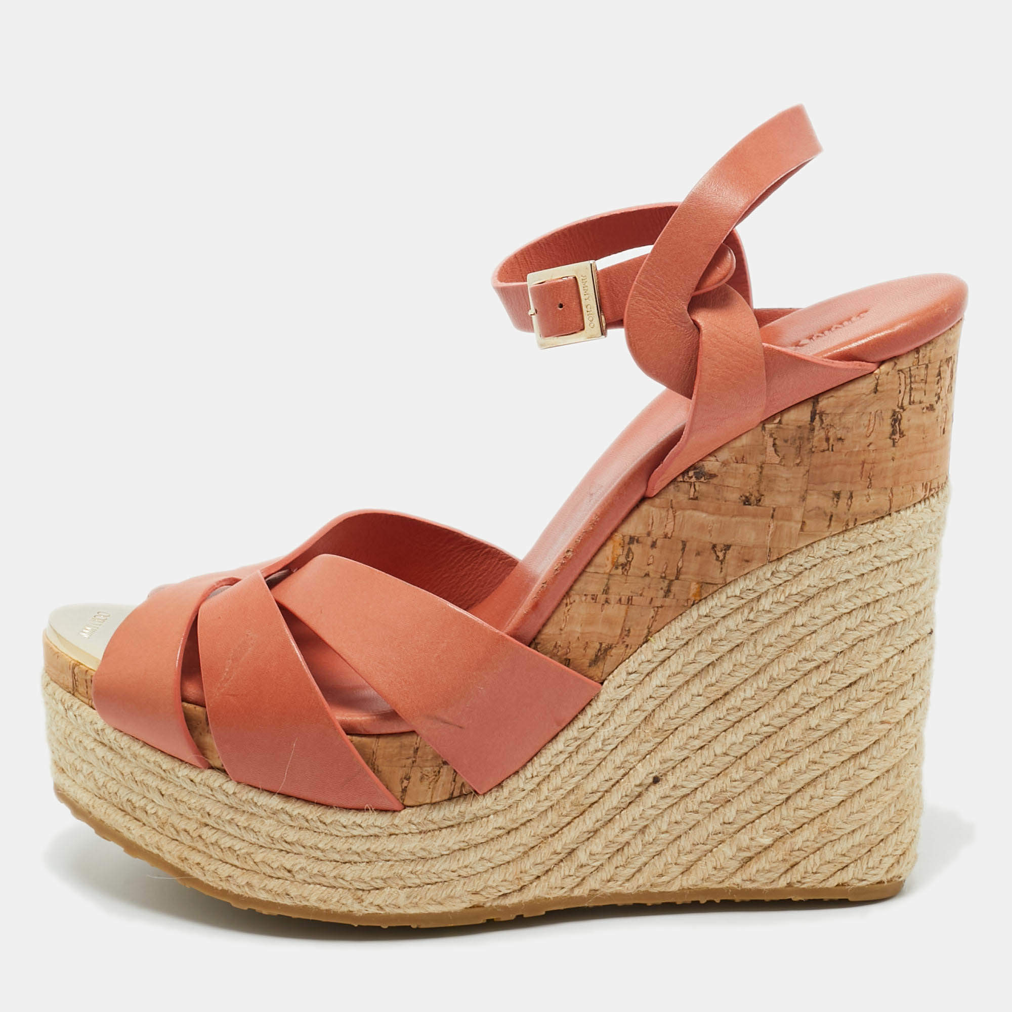 Pre Owned Jimmy Choo Brown Leather Platform Wedge Sandals Size 40.5