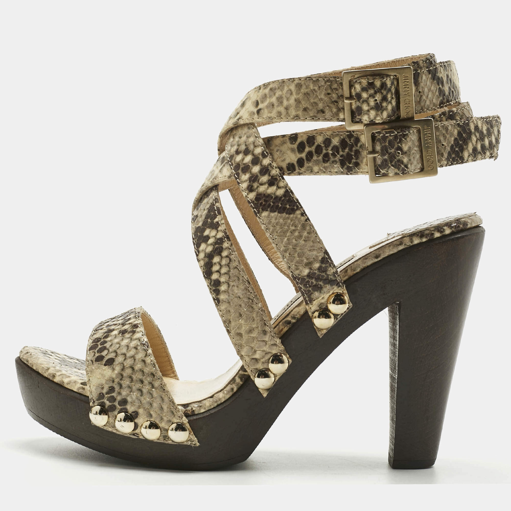 Pre Owned Jimmy Choo Beige Python Embossed Leather Unity Strappy Wooden Sandals Size 37