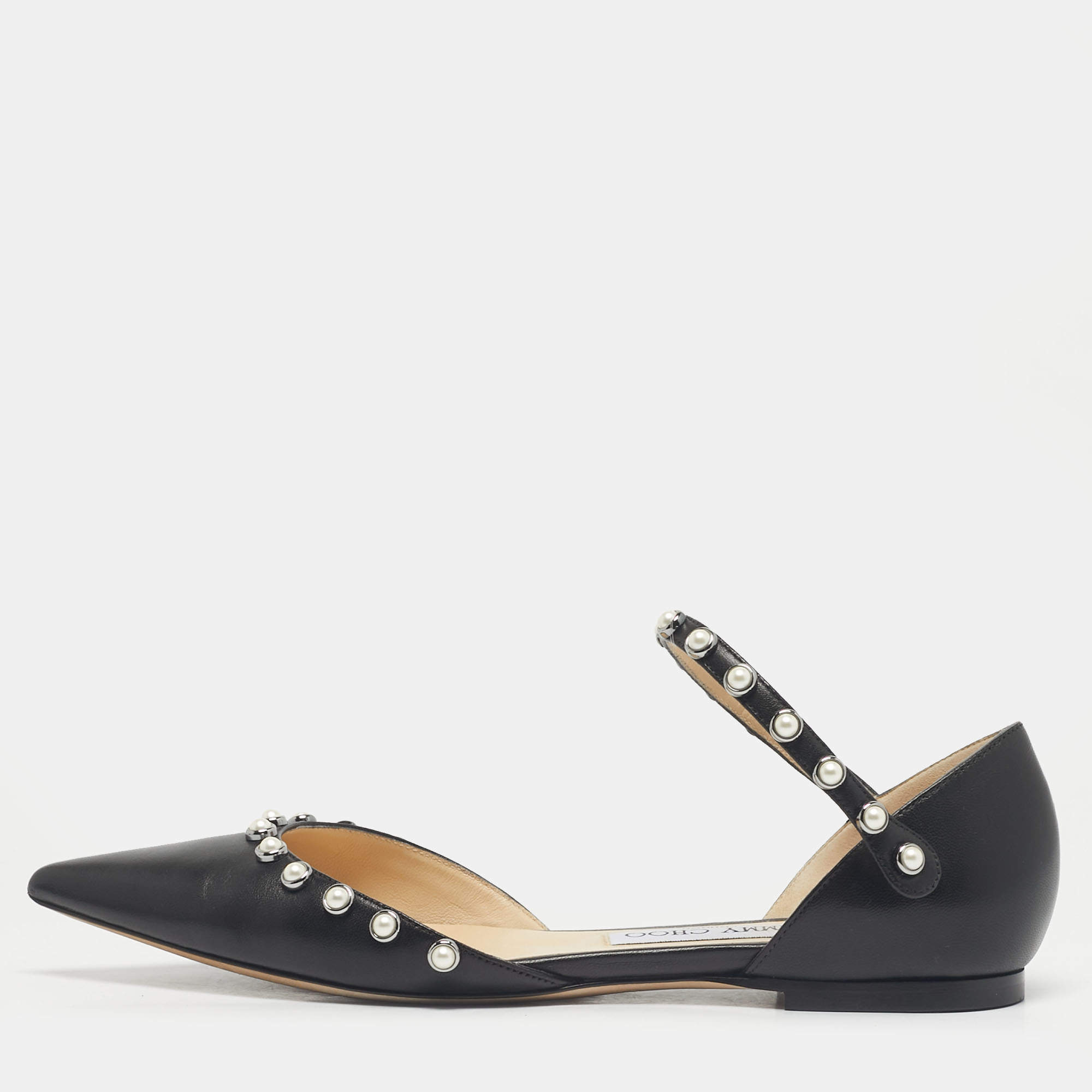 Pre Owned Jimmy Choo Black Leather Pearl Embellish Leema Ankle Strap Flats Size 38