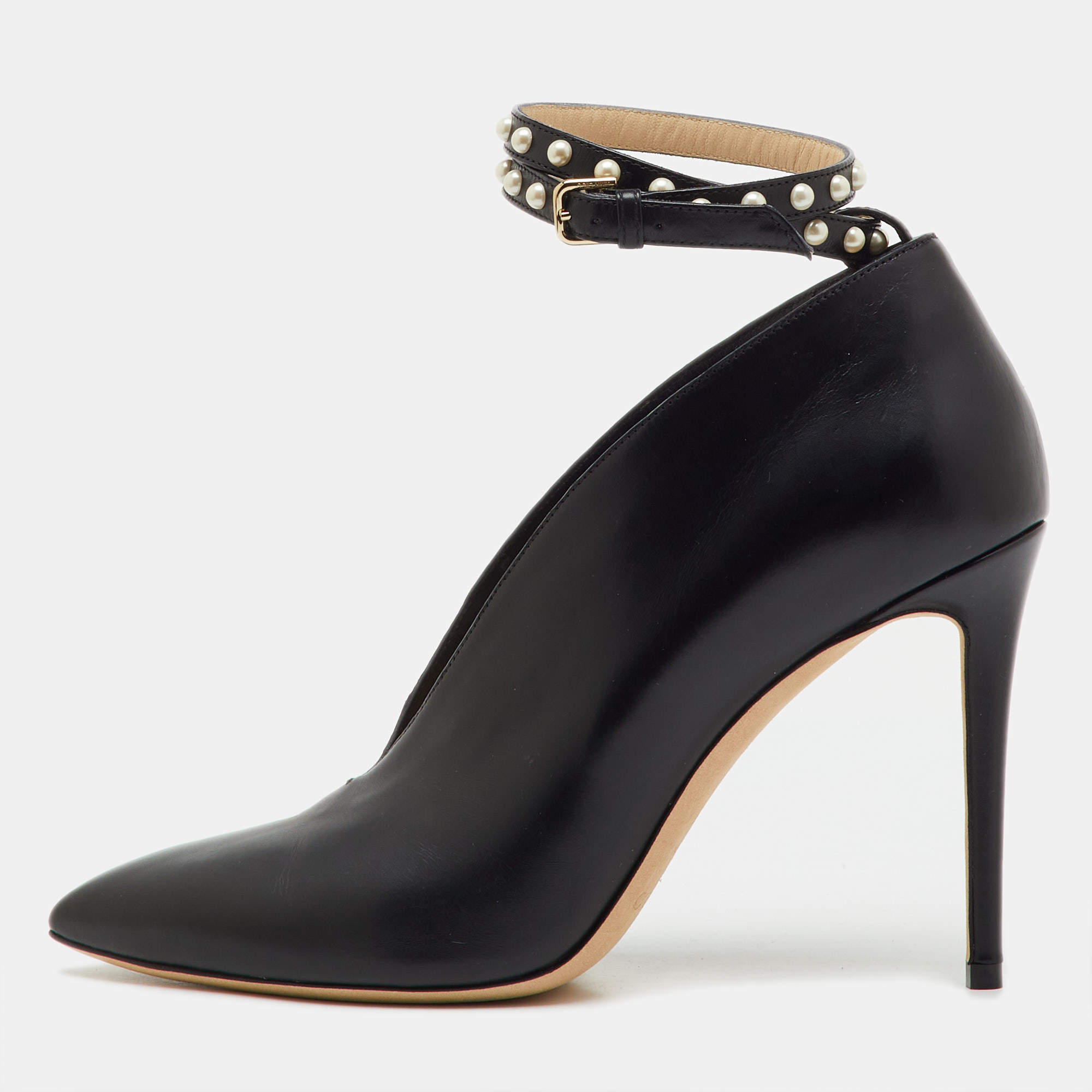 Pre Owned Jimmy Choo Black Leather Pointed Toe Lark Pearl Ankle Strap Pumps Size 40