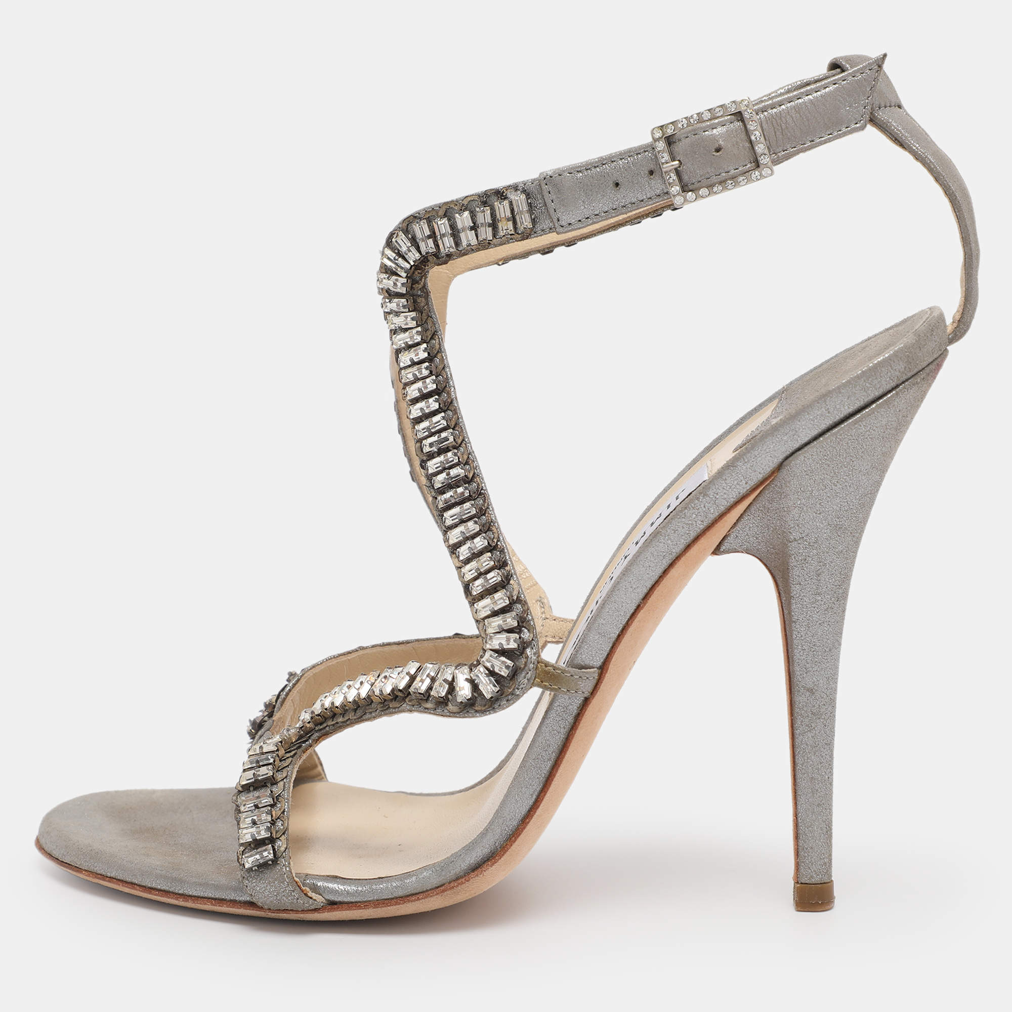 Pre Owned Jimmy Choo Metallic Grey Textured Suede Crystal Embellished Angel Sandals Size 38.5