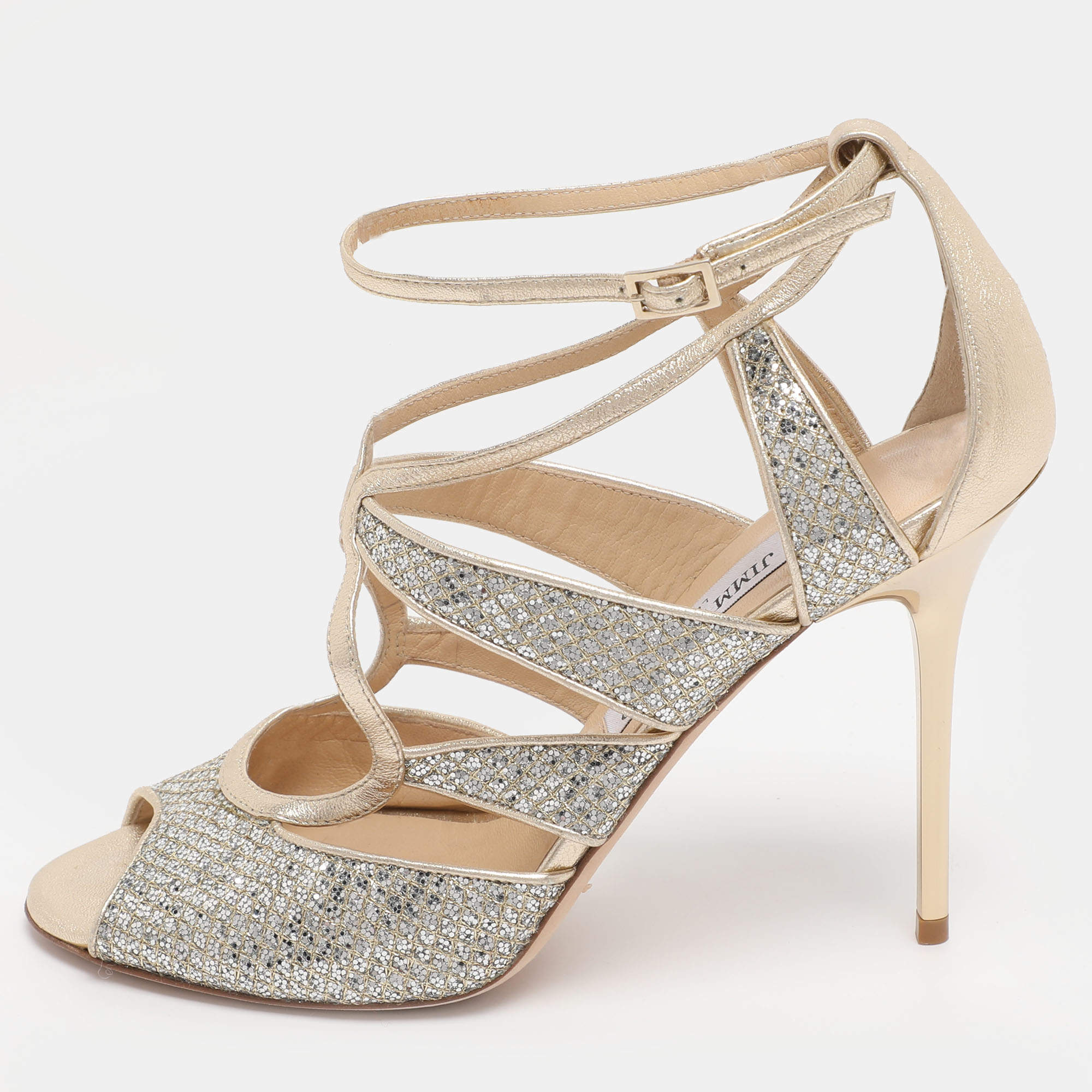 Pre Owned Jimmy Choo Gold Glitter and Lame Fabric Kelsey Strappy Sandals Size 39