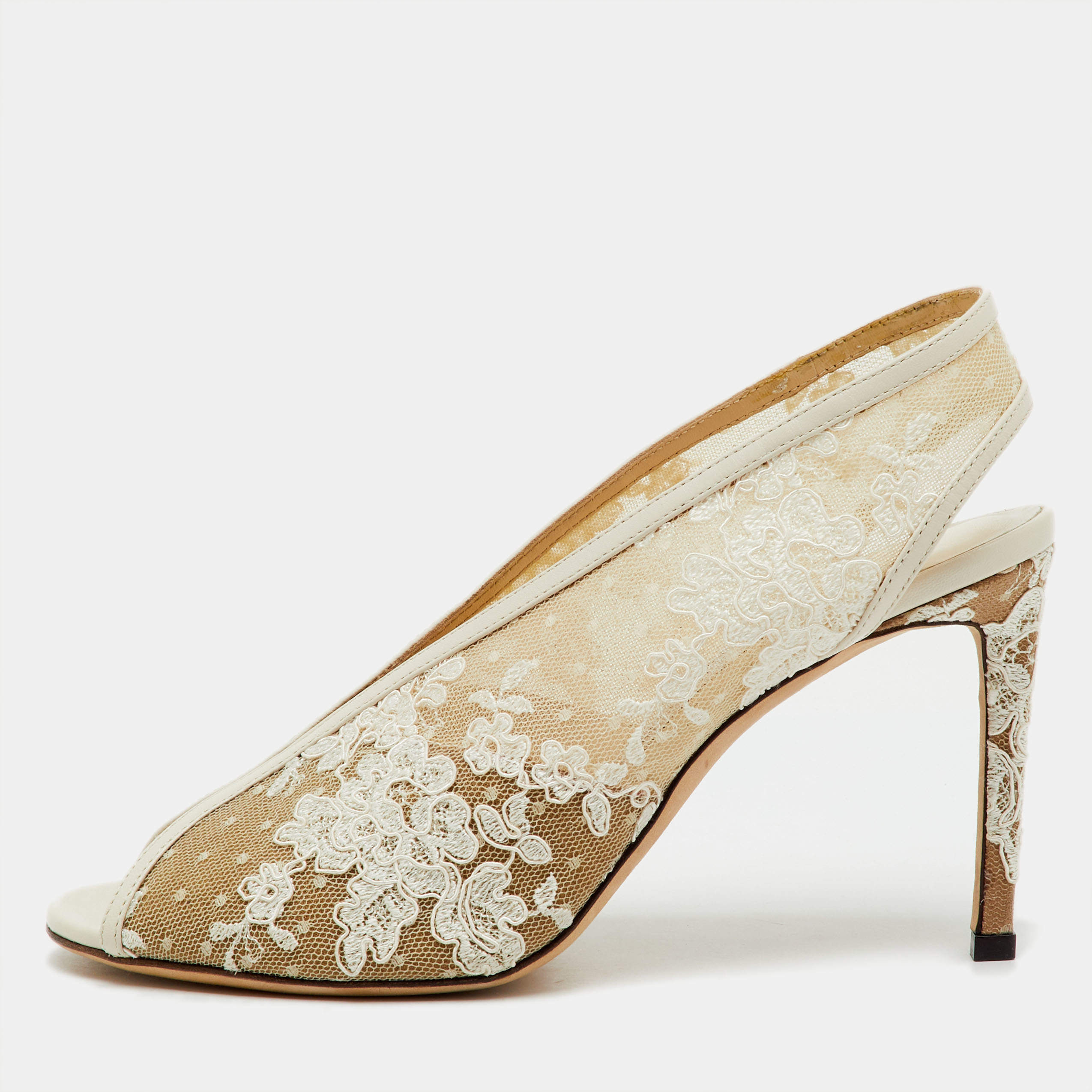Pre Owned Jimmy Choo White Lace and Leather Shar Slingback Pumps Size 40