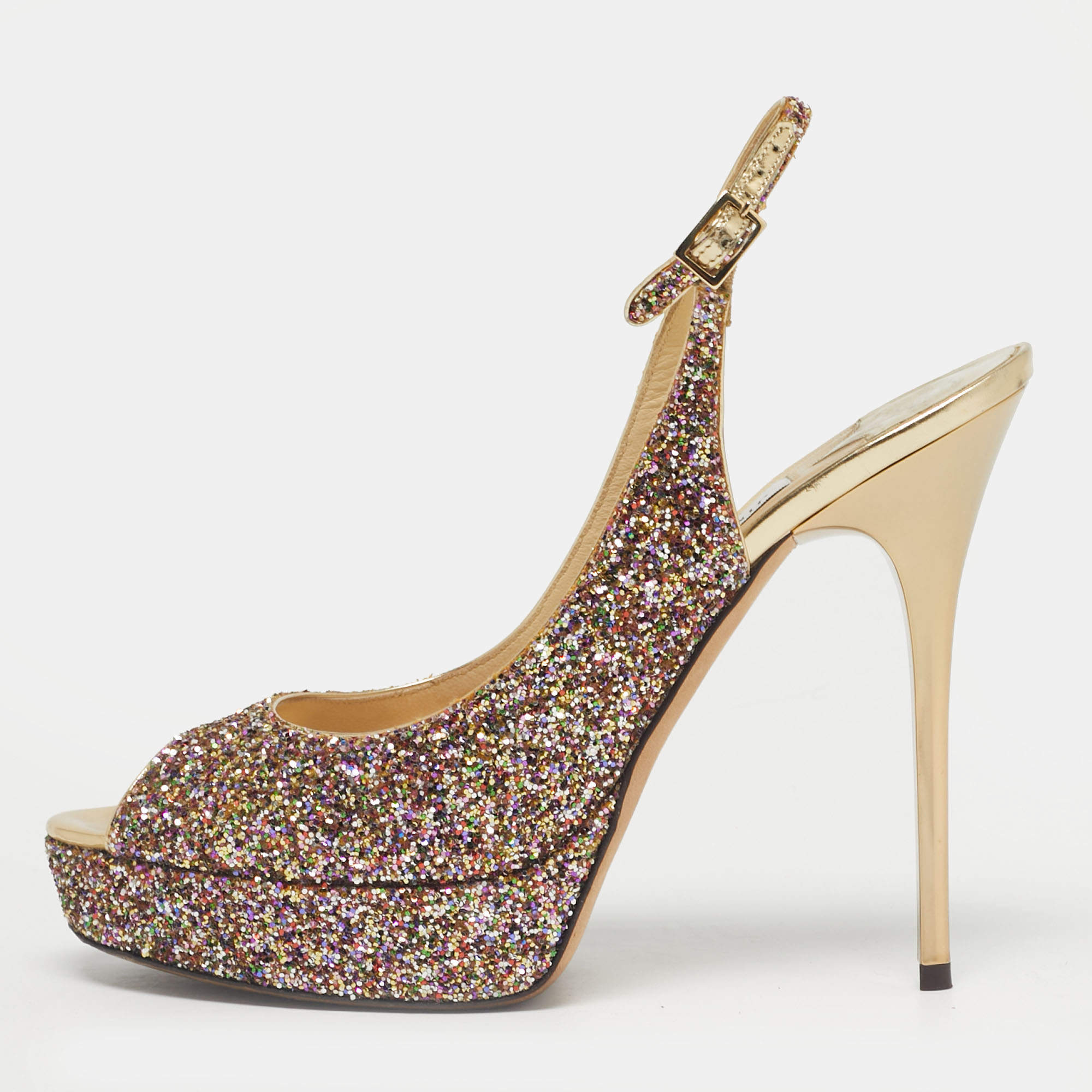 Pre Owned Jimmy Choo Multicolor Glitter Accents Peep Toe Slingback Pumps Size 38