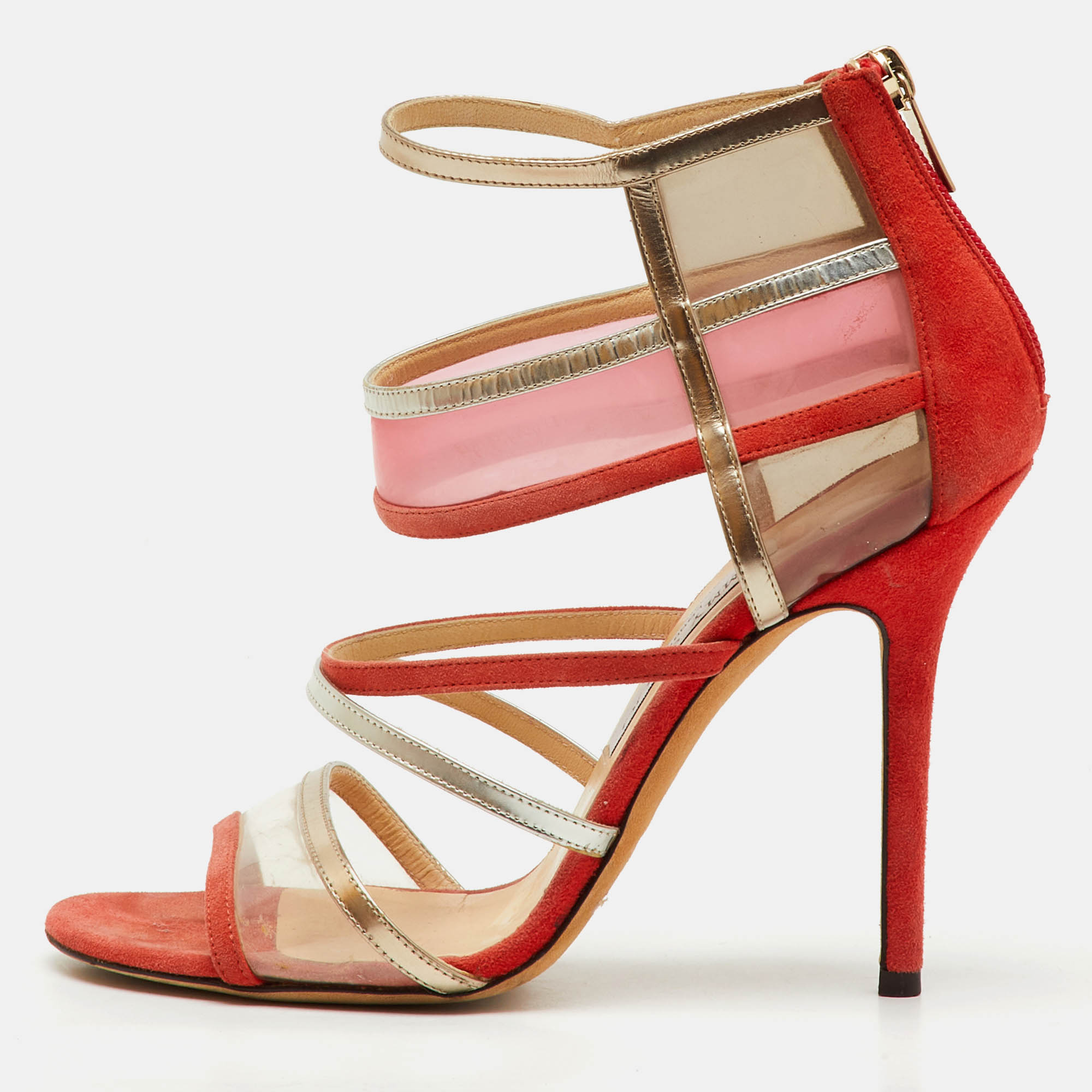Pre Owned Jimmy Choo Orange/Metallic Suede, PVC and Leather Strappy Sandals Size 38