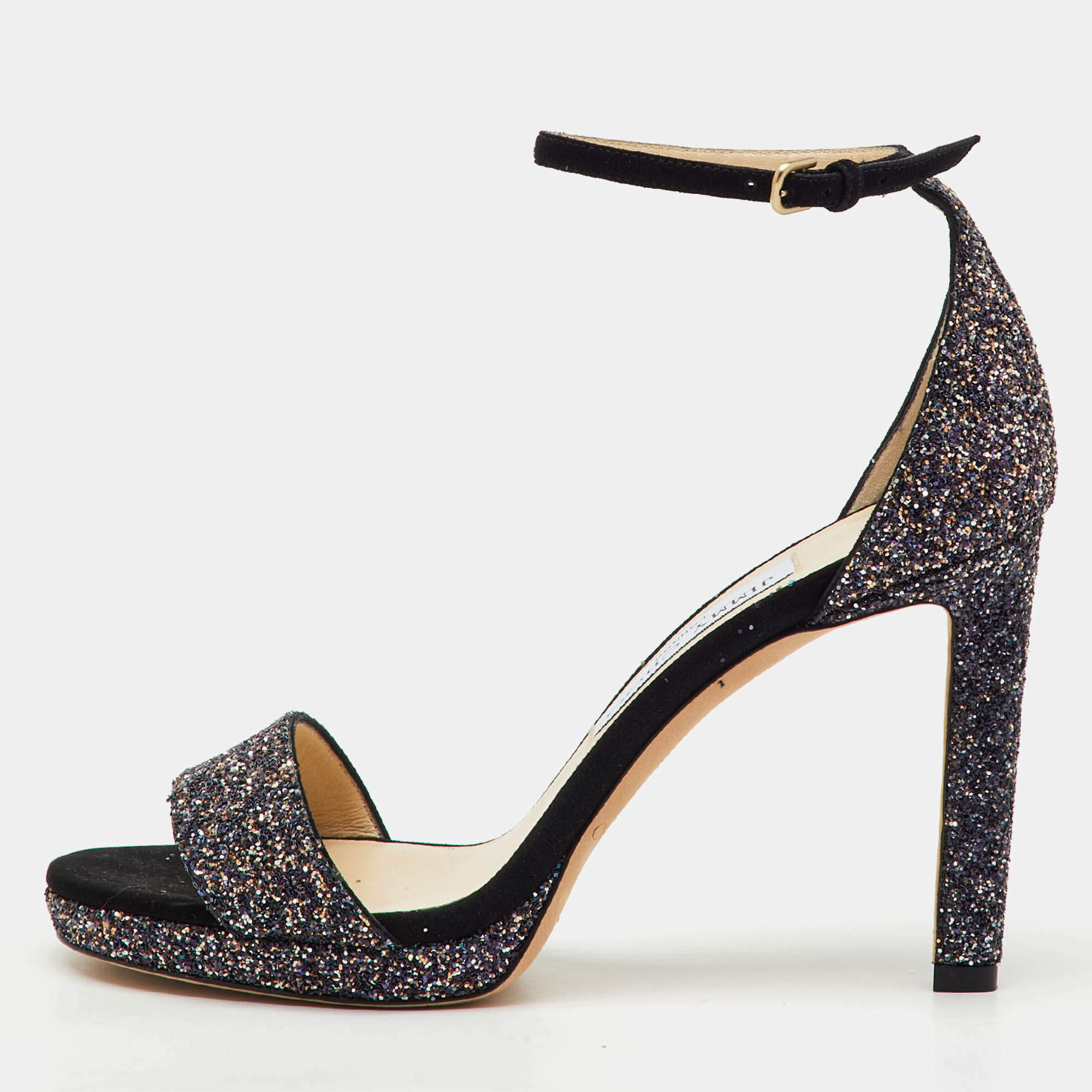 Pre Owned Jimmy Choo Multicolor Glitter Suede Misty Ankle Strap Sandals Size 37.5