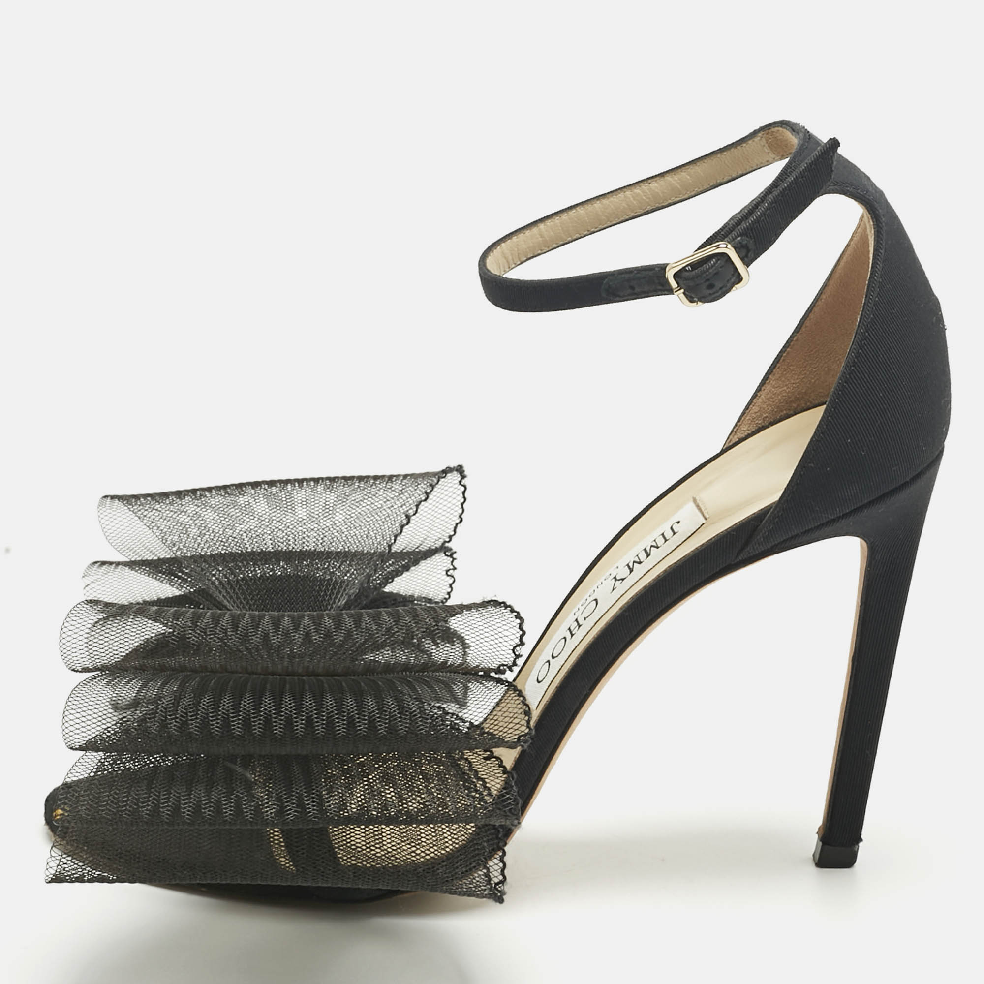 Pre Owned Jimmy Choo Black Canvas and Net Aveline Ankle Strap Sandals Size 36