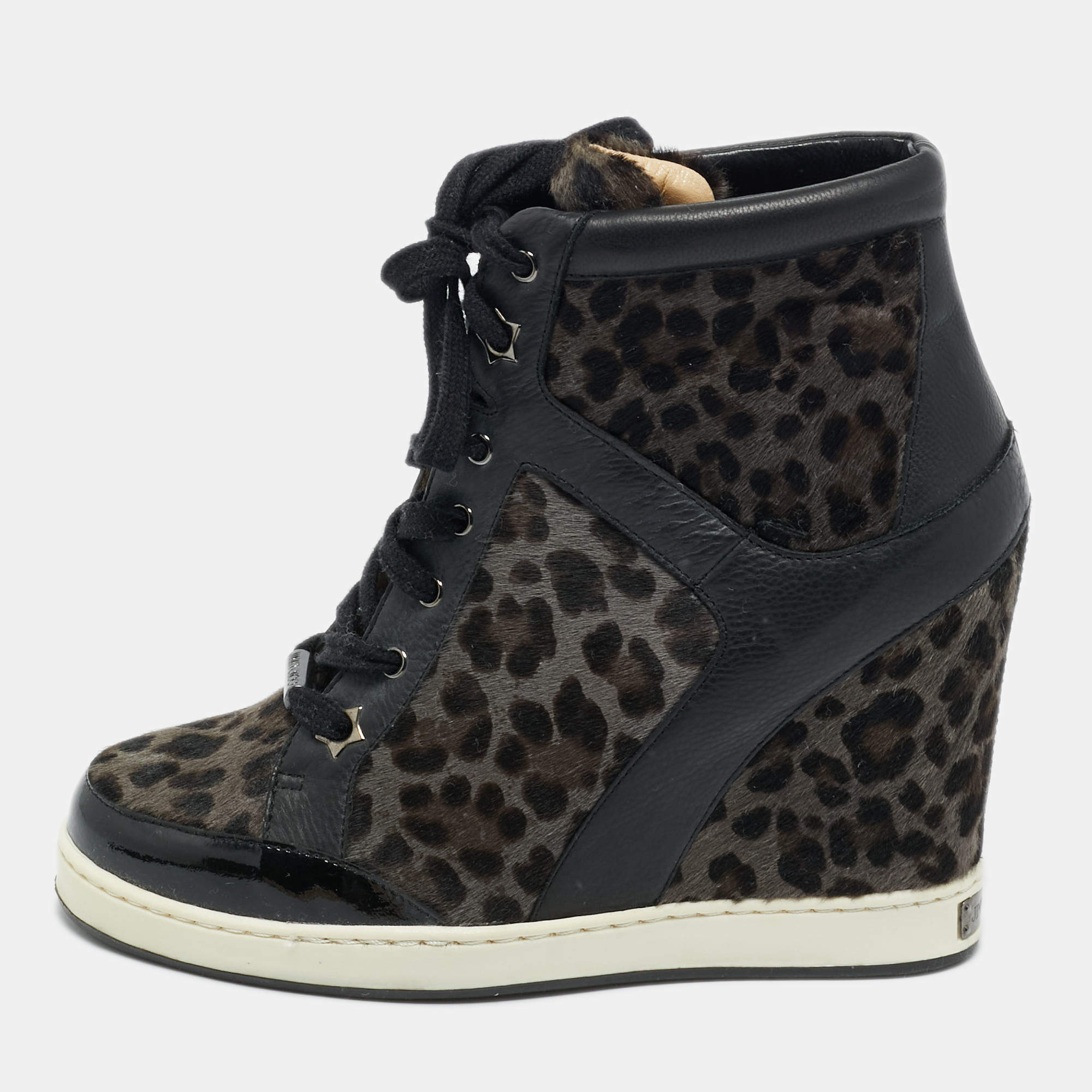 Pre Owned Jimmy Choo Brown/Black Leopard Print Calf Hair and Leather Wedge Sneakers Size 37