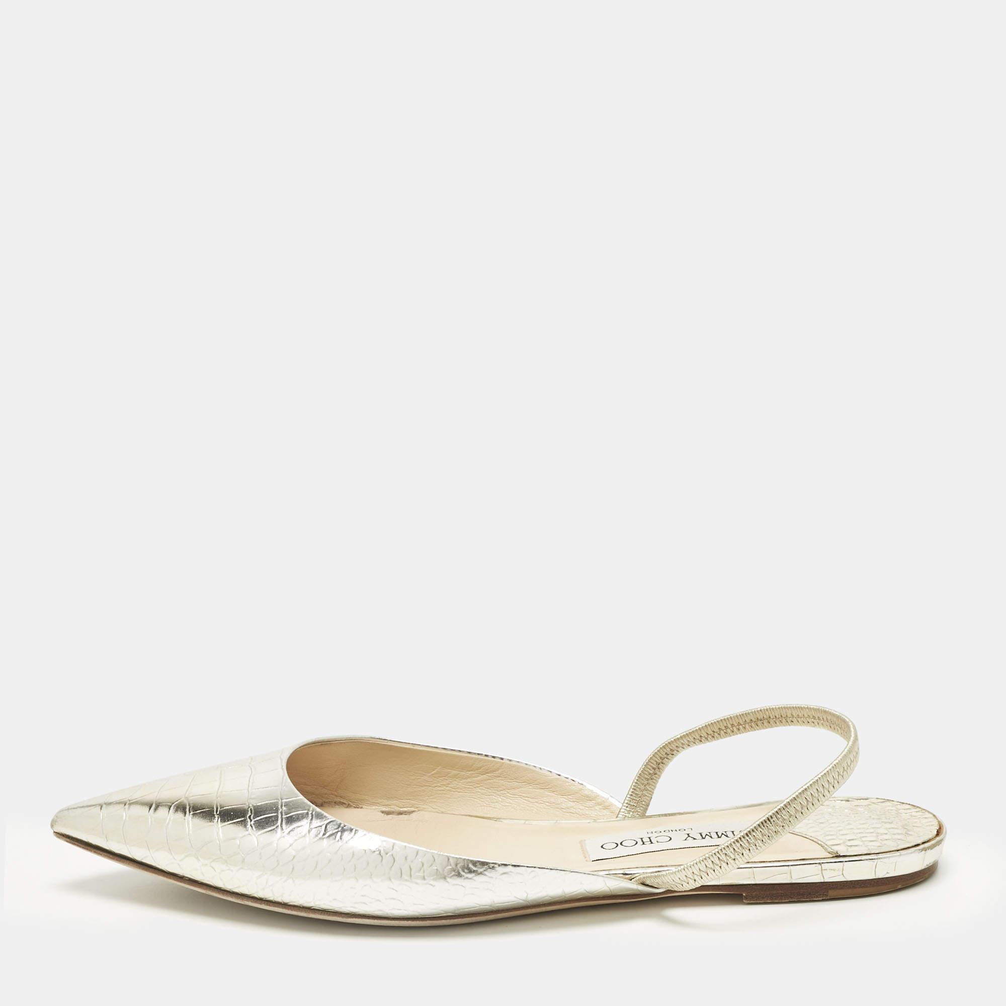 Pre Owned Jimmy Choo Silver/Gold Croc Embossed Leather Genoa Flat Mules Size 40