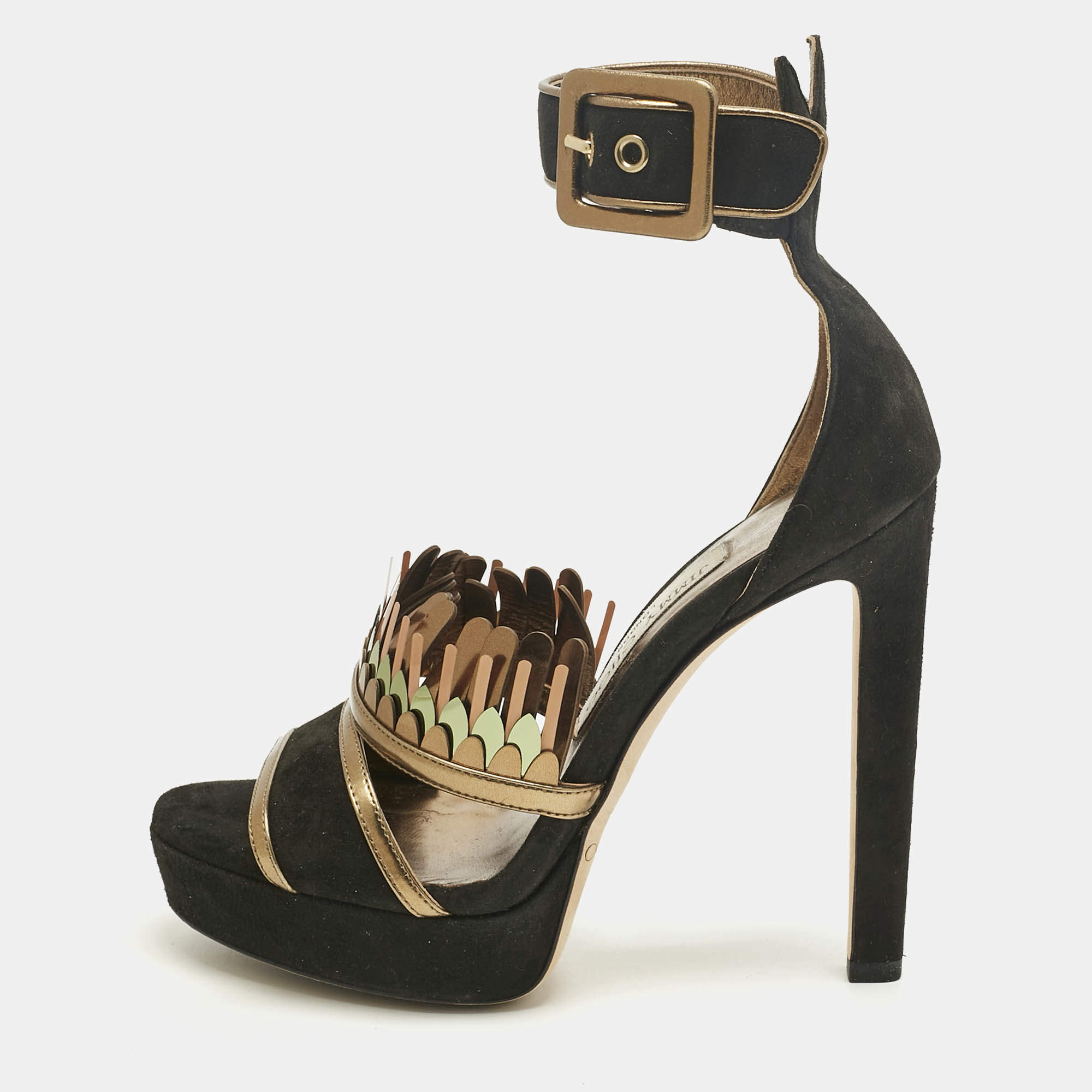 Pre Owned Jimmy Choo Black/Gold Suede Kathleen Open Toe Ankle Cuff Sandals Size 36