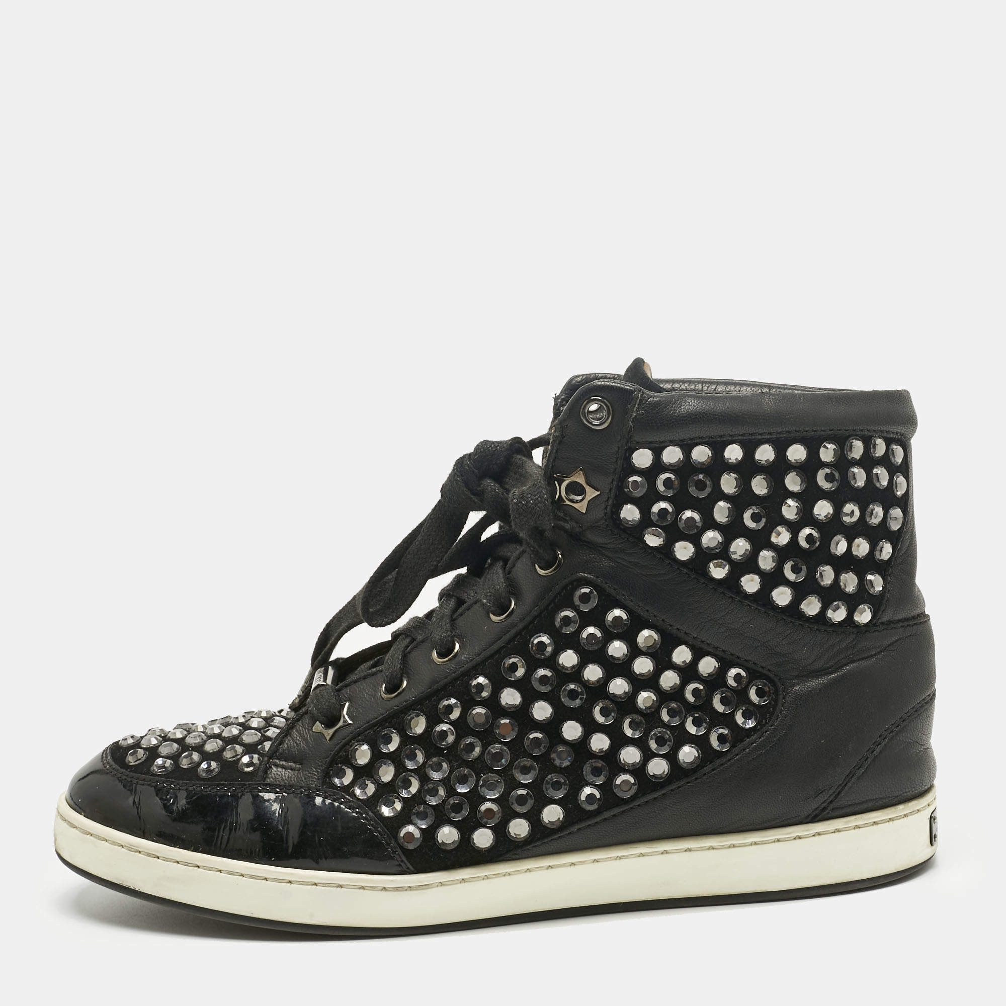 Pre Owned Jimmy Choo Black Leather and Suede Crystal Embellish High Top Sneakers Size 37