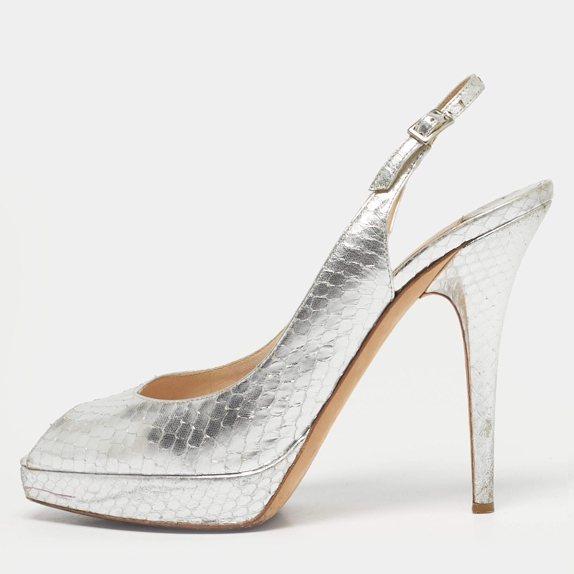 Pre Owned Jimmy Choo Silver Python Embossed Leather Nova Peep Toe Pumps Size 38