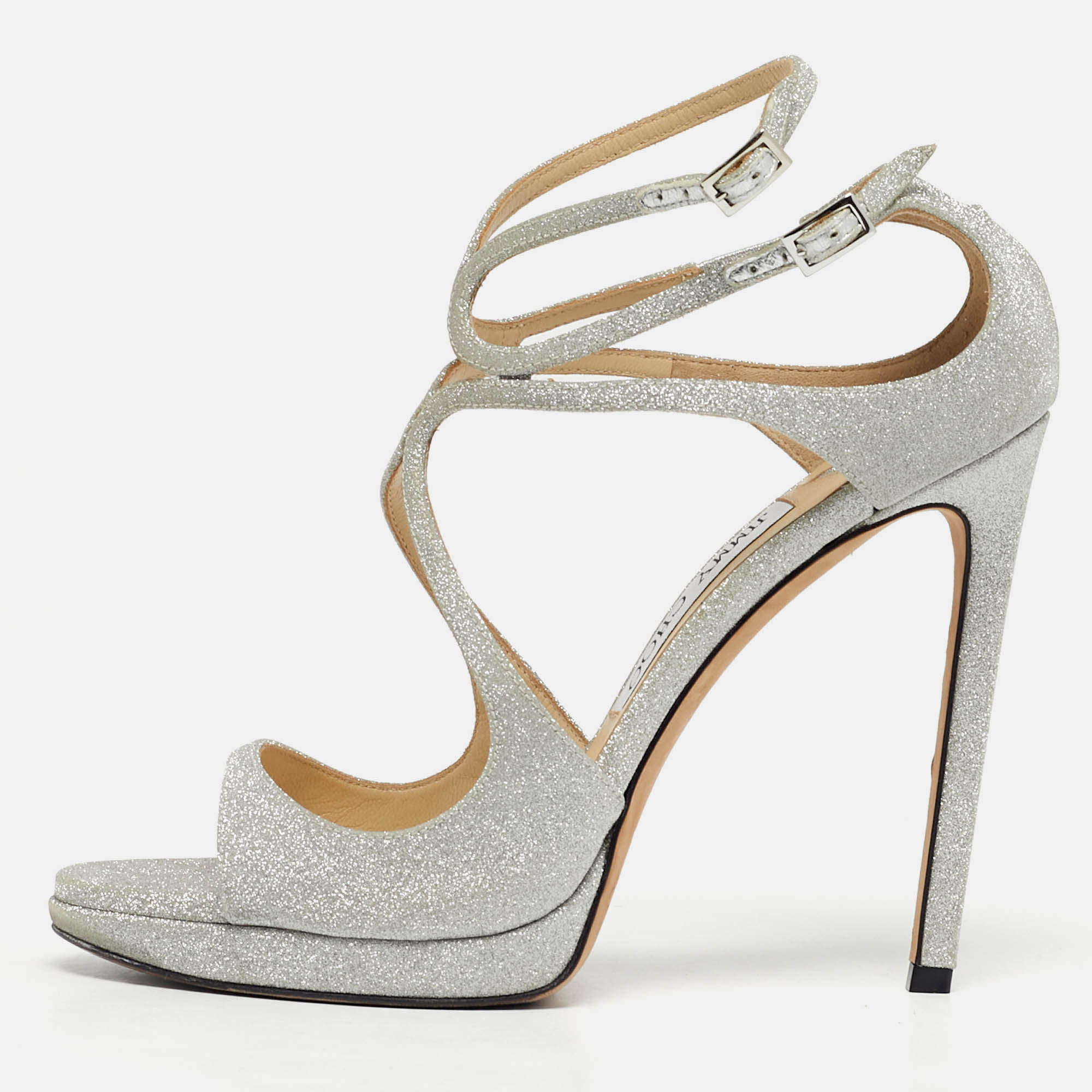 Pre Owned Jimmy Choo Silver Glitter Azia Ankle Strap Sandals Size 38