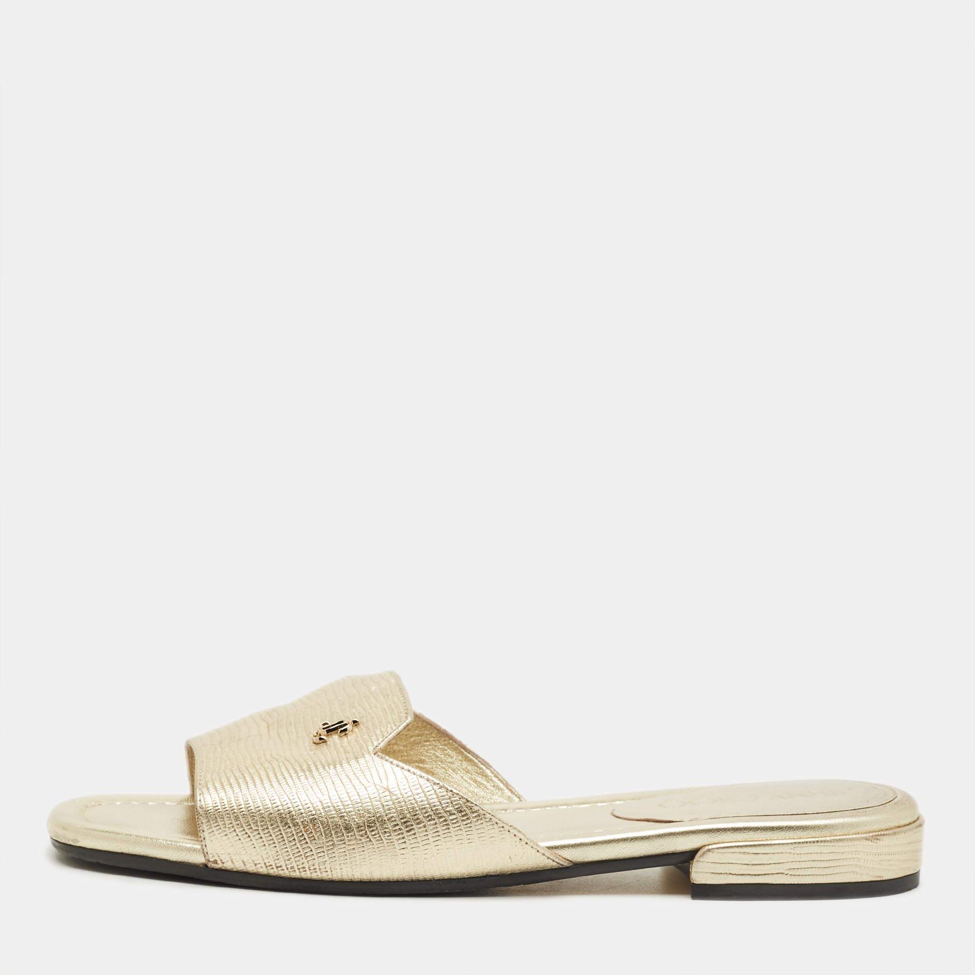 Pre Owned Jimmy Choo Gold Lizard Embossed Leather Dina Flat Slides Size 37
